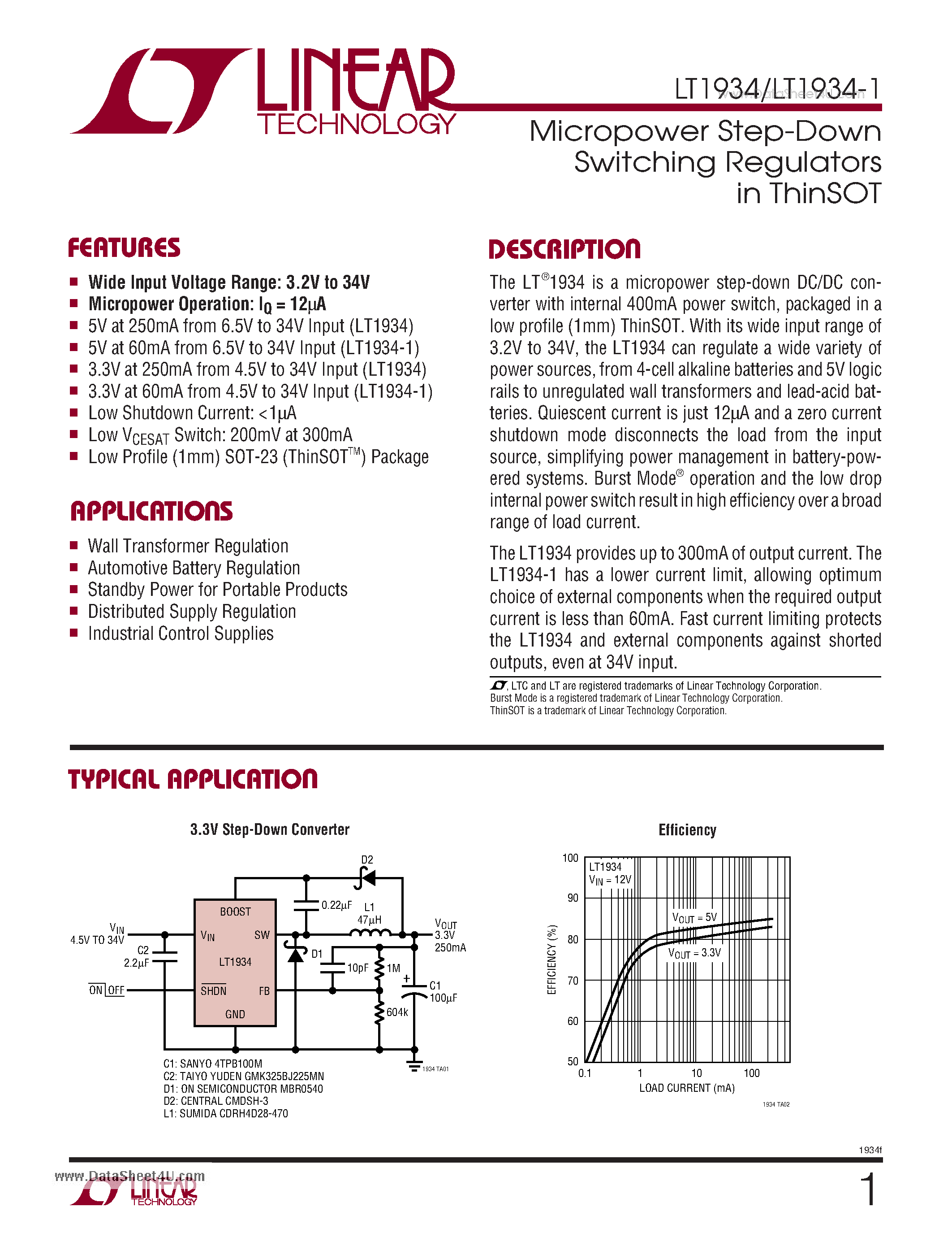Даташит LT1934 - Micropower Step-Down Switching Regulators in ThinSOT страница 1