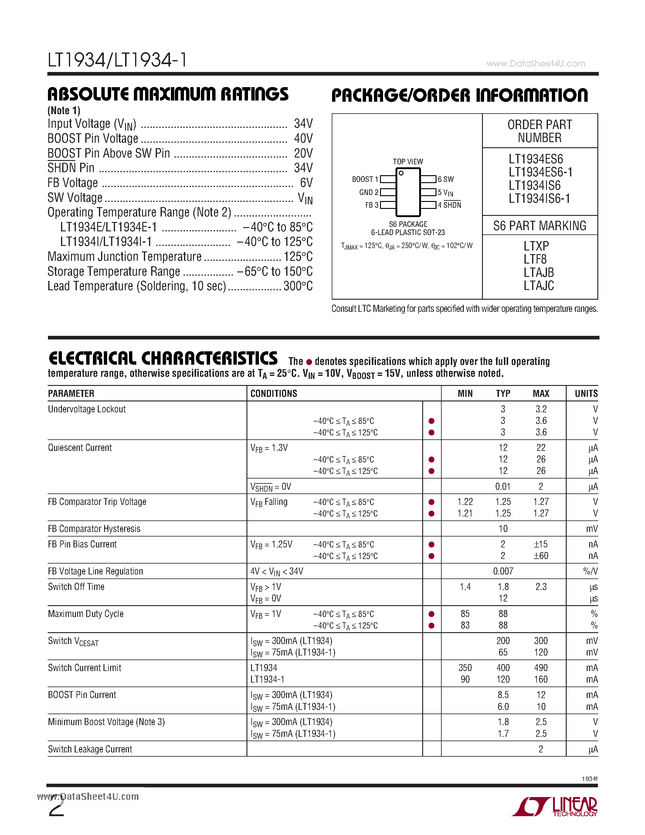 Даташит LT1934 - Micropower Step-Down Switching Regulators in ThinSOT страница 2