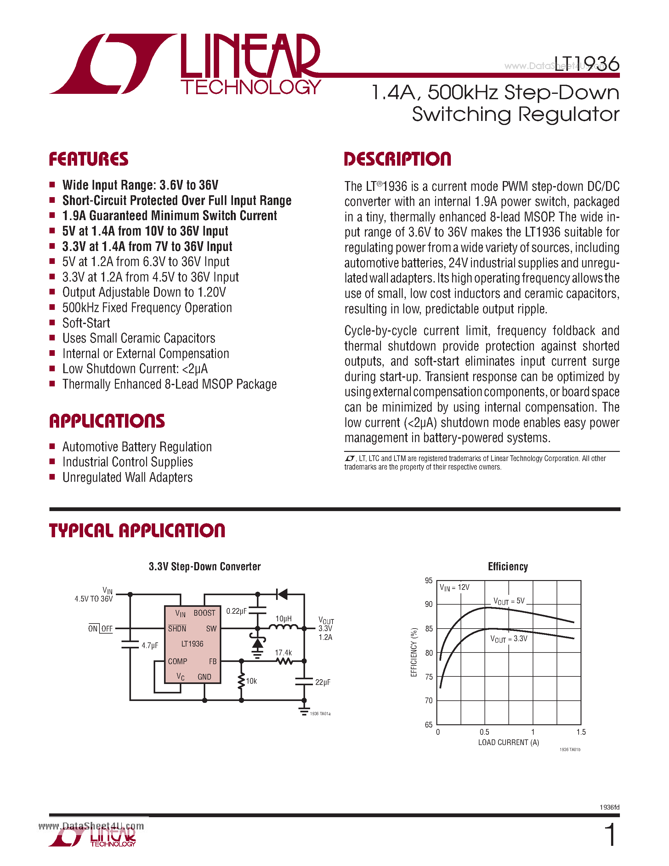 Datasheet LT1936 page 1 Datasheet LT1936 - 1.4A 500kHz Step-Down Switching Regulator page 1