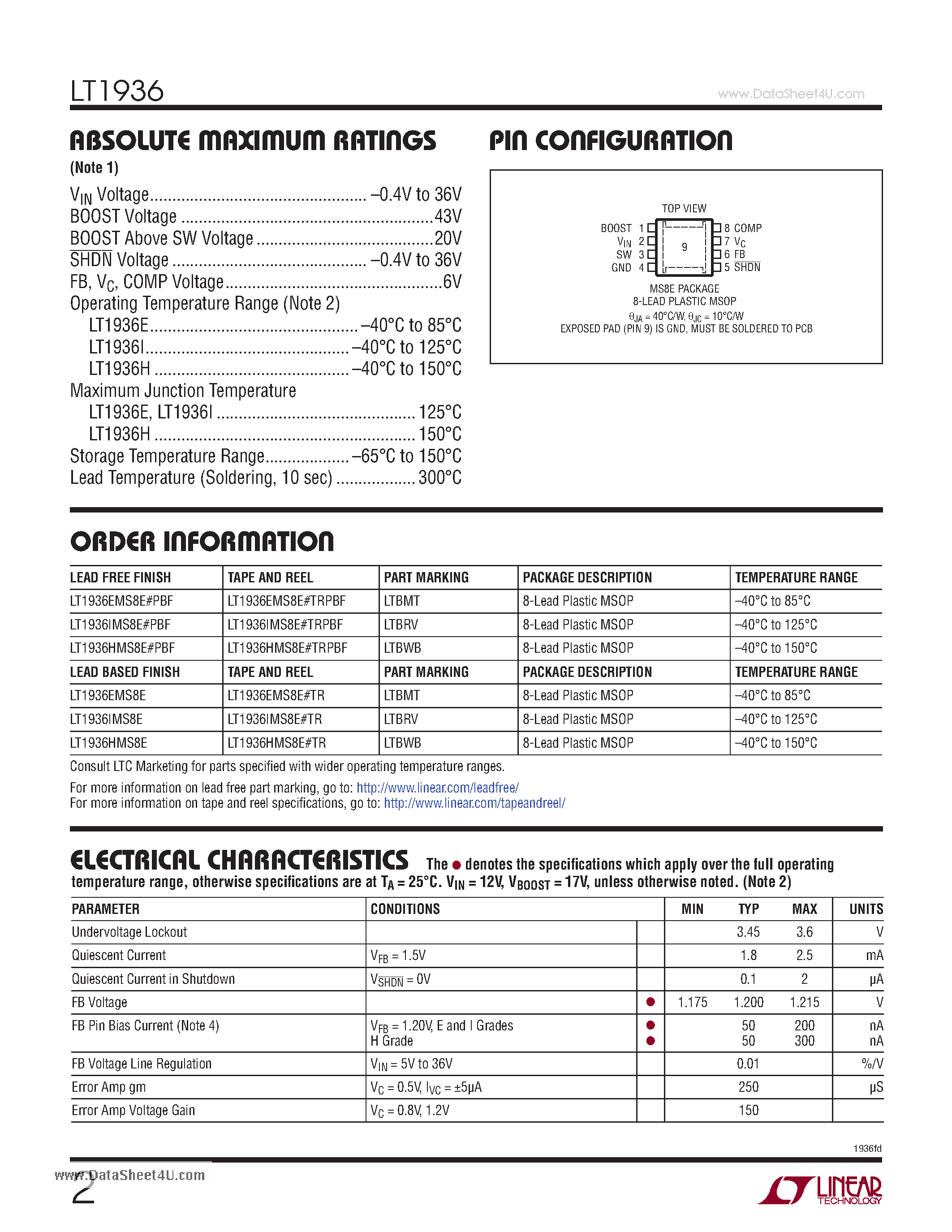 Datasheet LT1936 page 2 Datasheet LT1936 - 1.4A 500kHz Step-Down Switching Regulator page 2