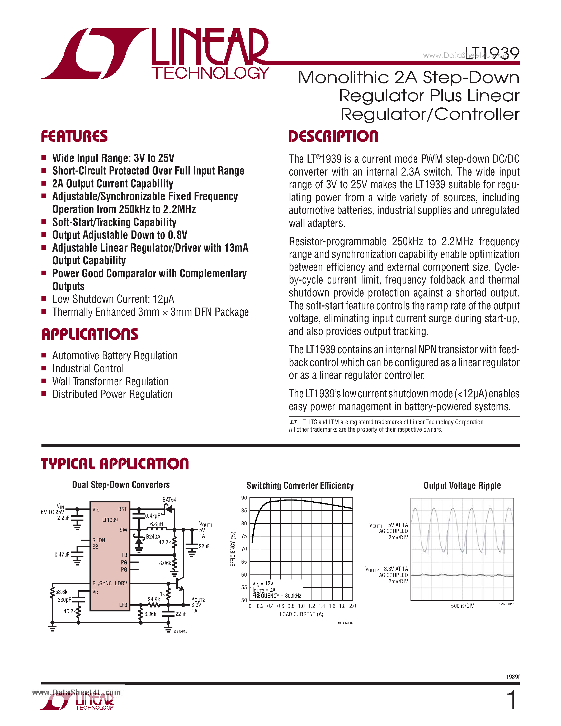 Datasheet LT1939 page 1 Datasheet LT1939 - Monolithic 2A Step-Down Regulator Plus Linear Regulator/Controller page 1
