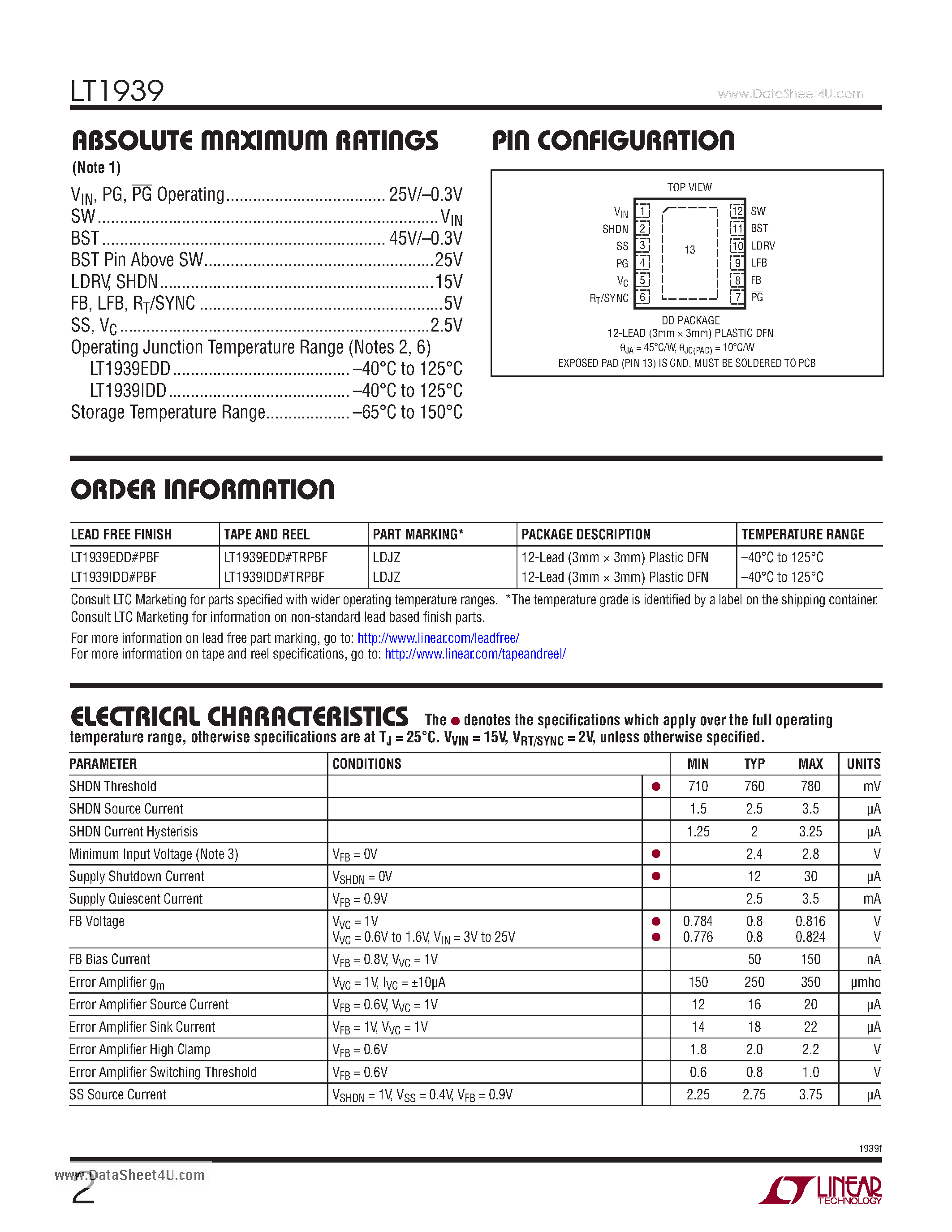 Datasheet LT1939 page 2 Datasheet LT1939 - Monolithic 2A Step-Down Regulator Plus Linear Regulator/Controller page 2