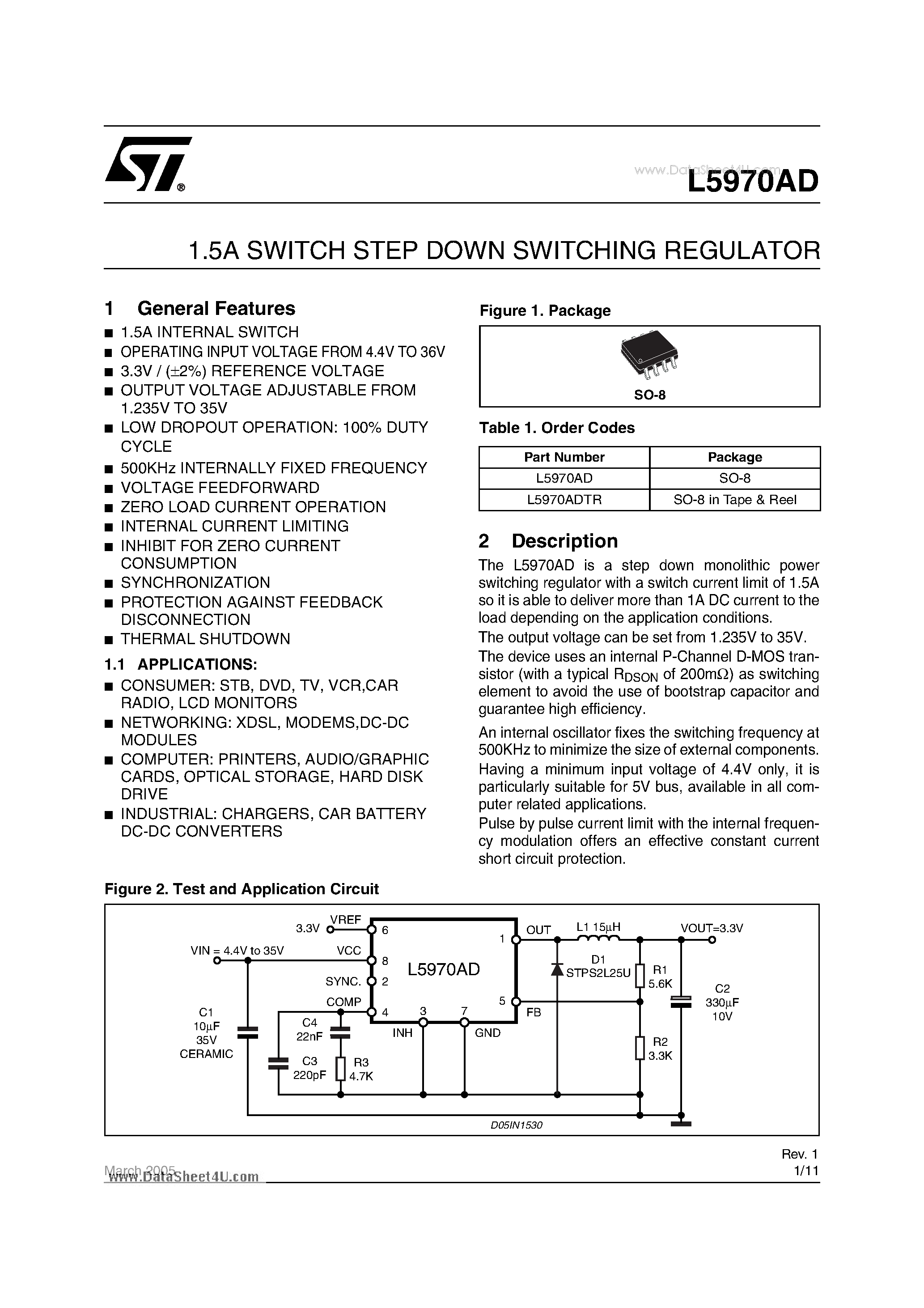 Даташит на микросхему L5970AD страница 1 Даташит L5970AD - 1.5A SWITCH STEP DOWN SWITCHING REGULATOR страница 1