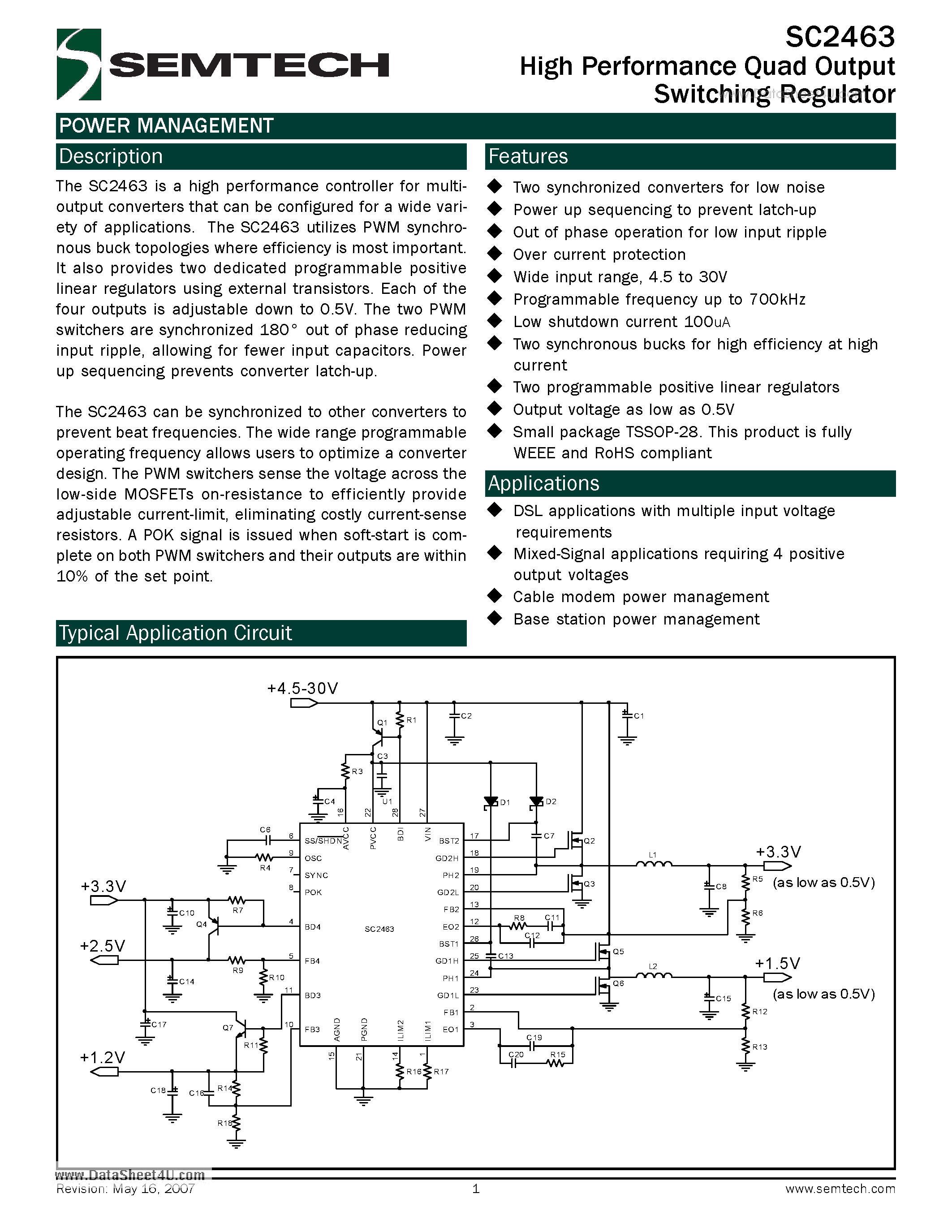 Datasheet SC2463 page 1 Datasheet SC2463 - High Performance Quad Output Switching Regulator page 1