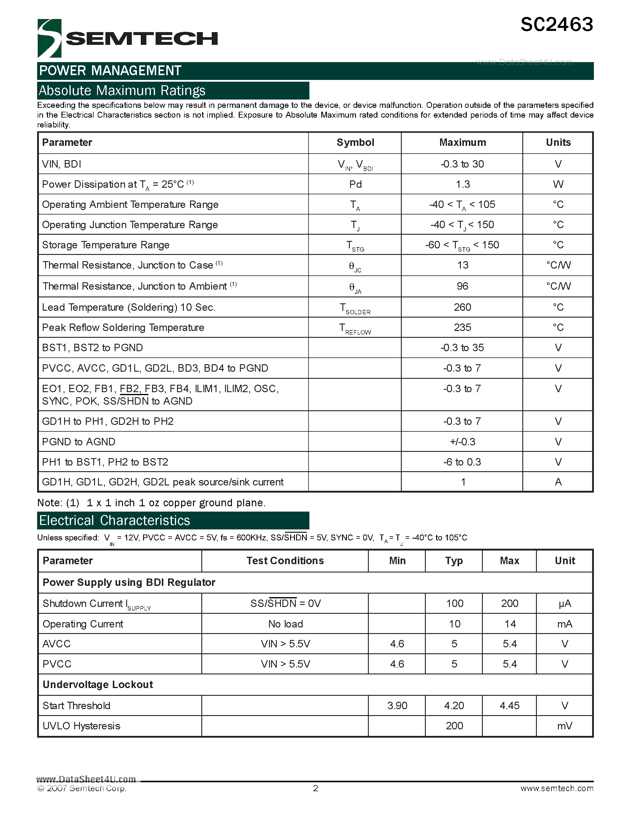 Datasheet SC2463 page 2 Datasheet SC2463 - High Performance Quad Output Switching Regulator page 2