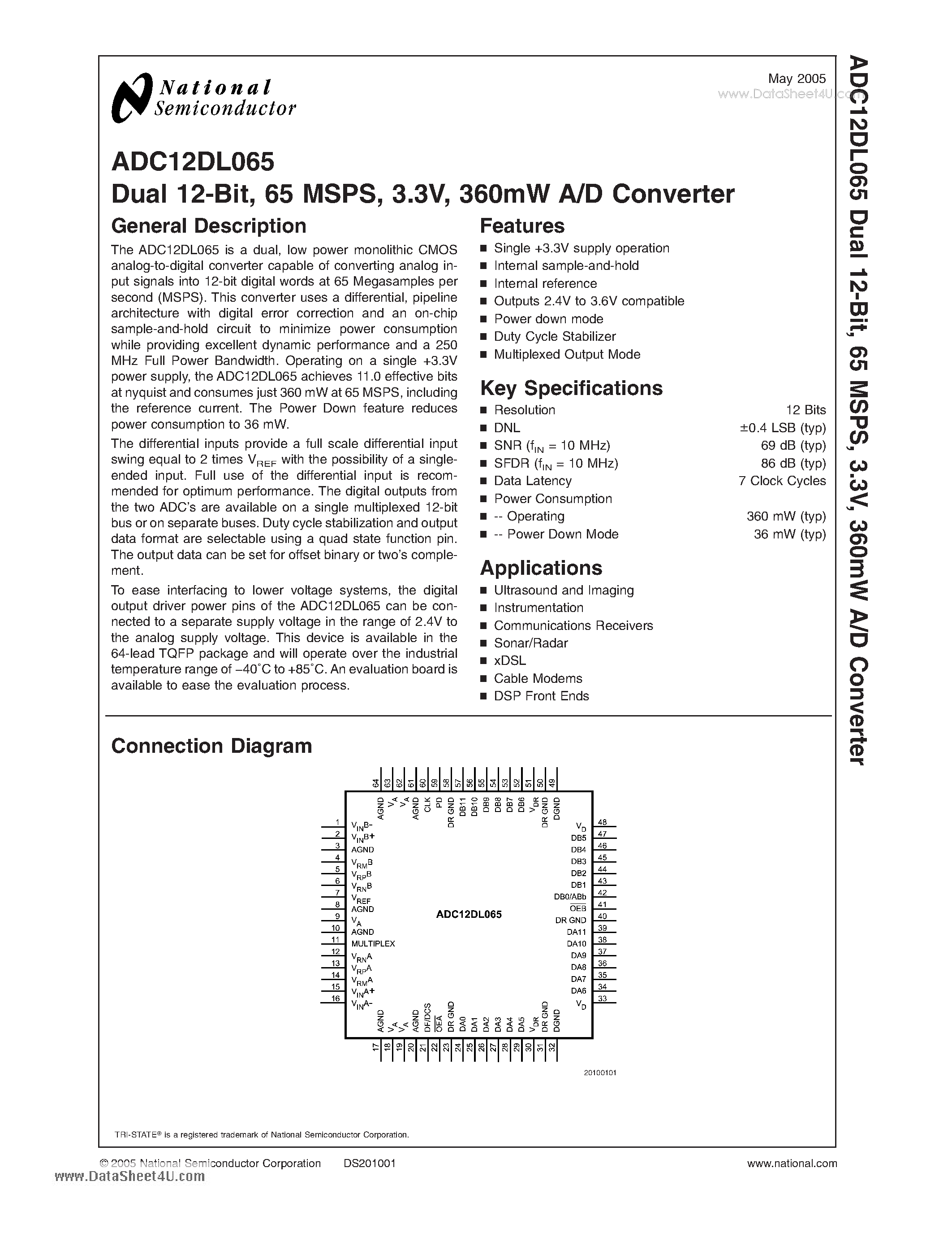 Datasheet ADC12DL065 - Dual 12-Bit / 65 MSPS / 3.3V - 360mW A/D Converter page 1