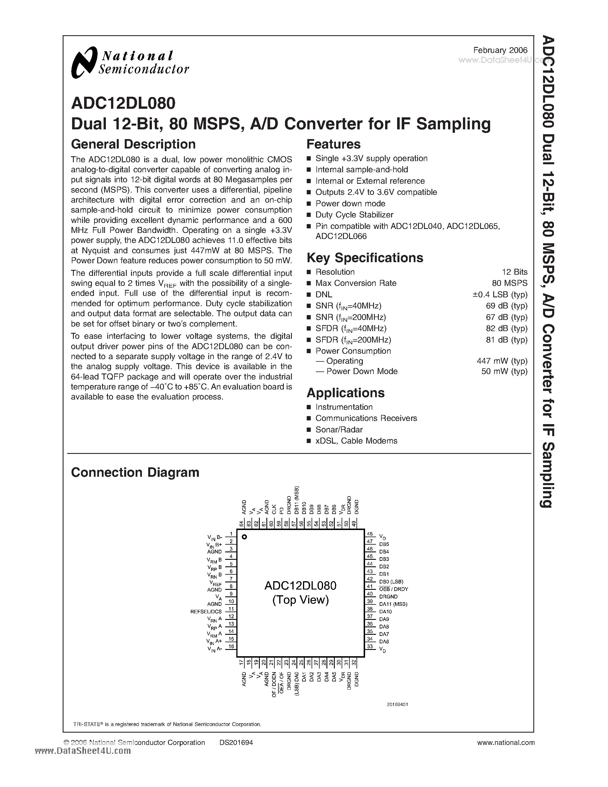 Datasheet ADC12DL080 - Dual 12-Bit / 80 MSPS - A/D Converter for IF Sampling page 1