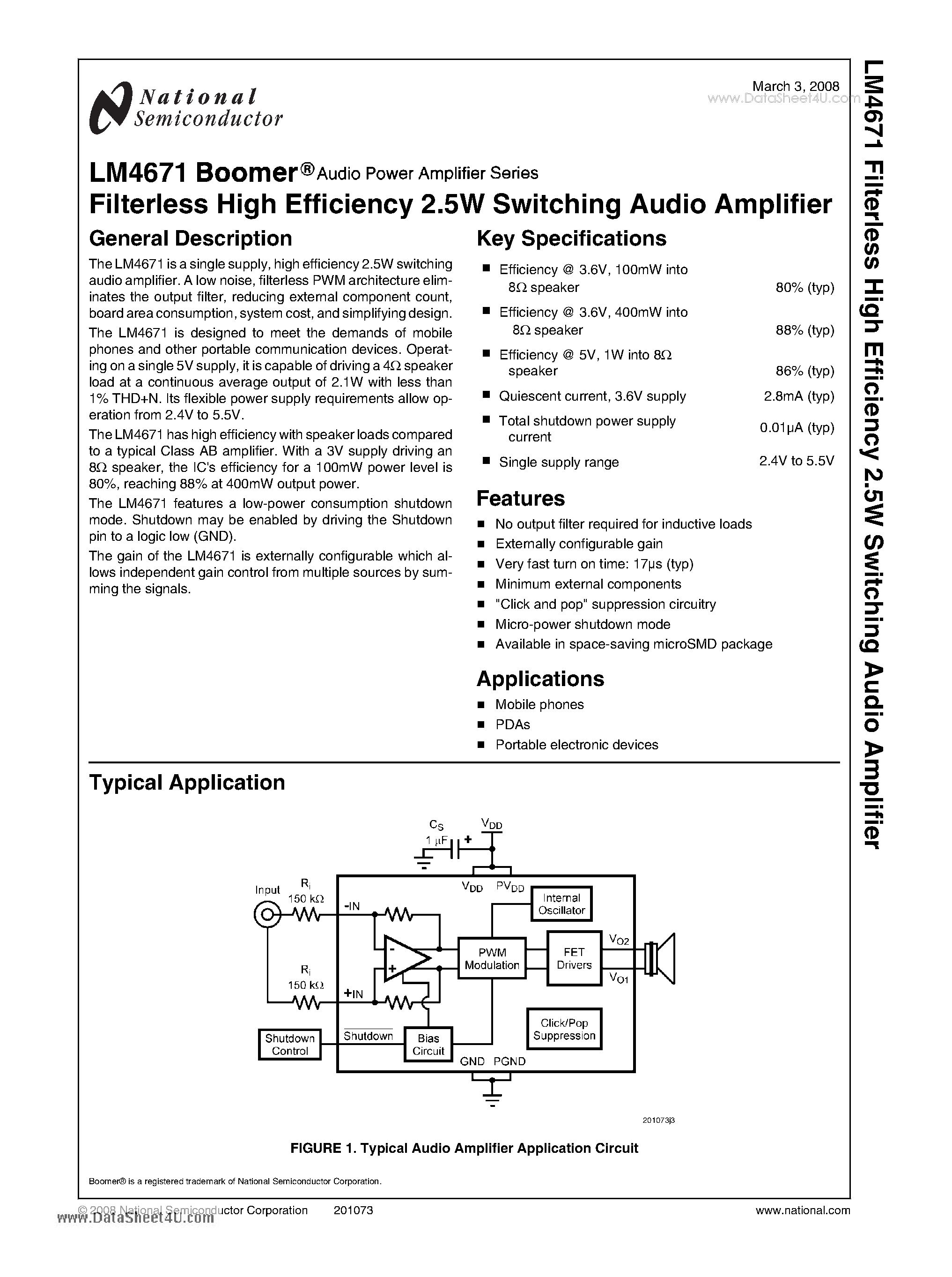 Datasheet LM4671 page 1 Datasheet LM4671 - Filterless High Efficiency 2.5W Switching Audio Amplifier page 1
