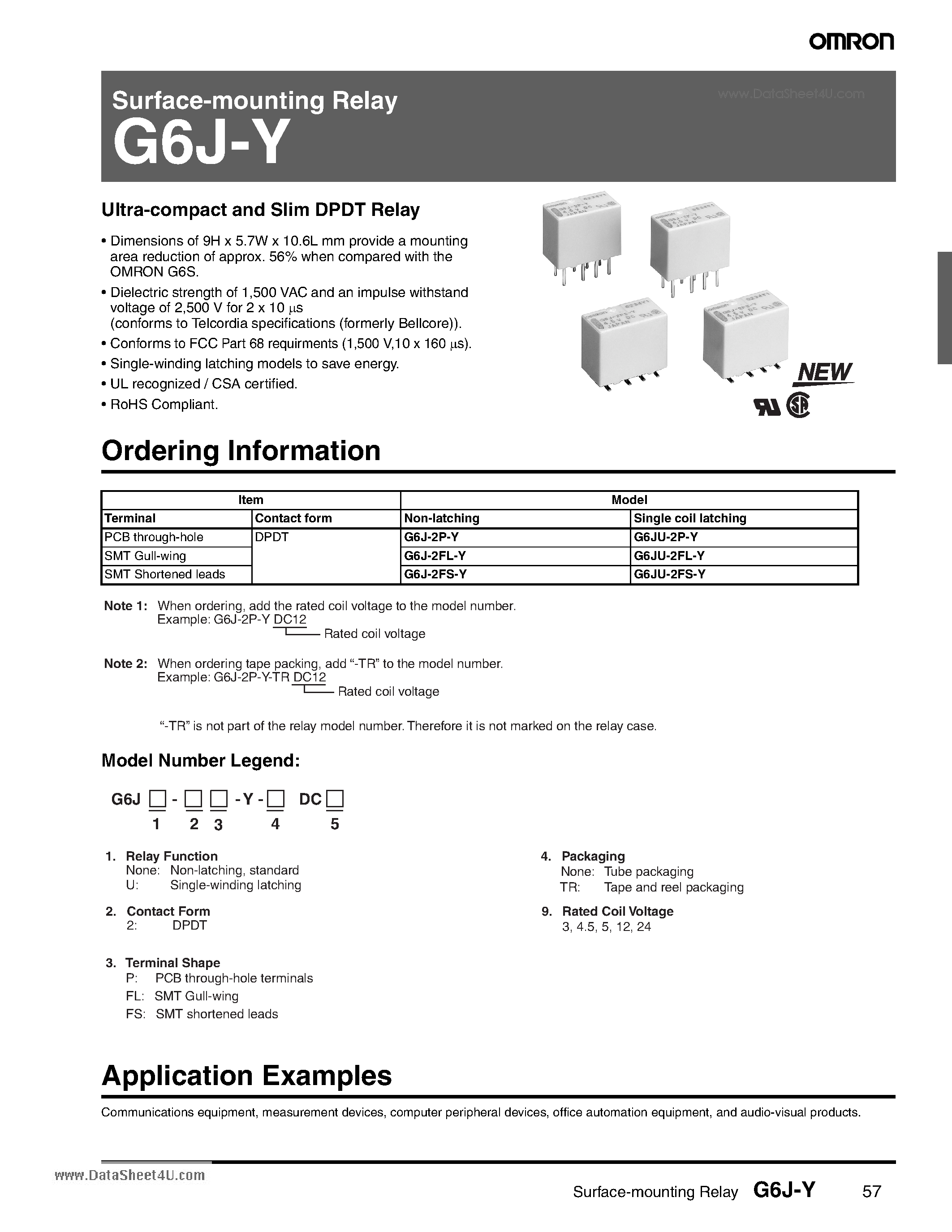 Datasheet G6J-Y - Surface-mounting Relay page 1