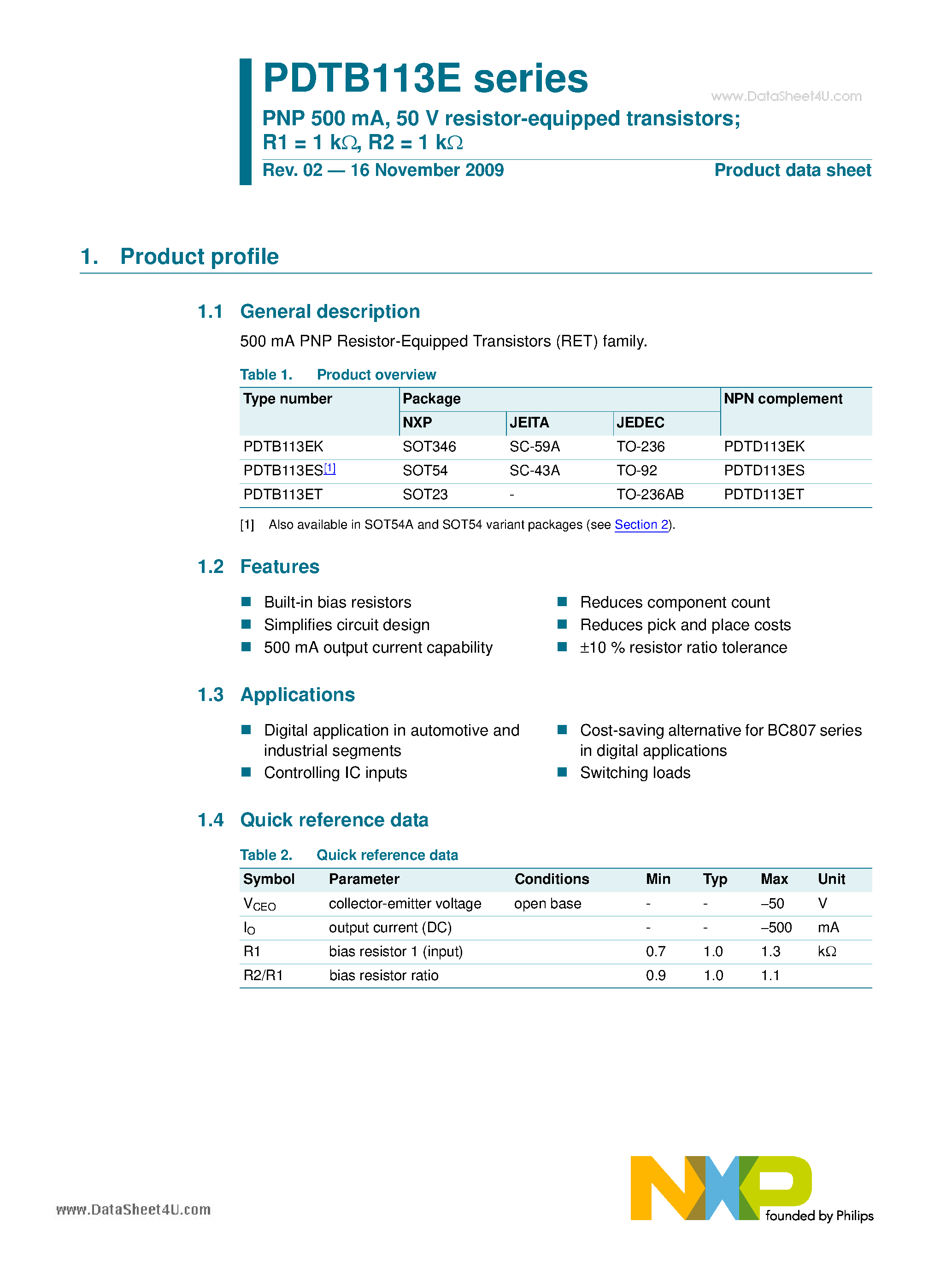 Datasheet PDTB113E - PNP 500mA 50V resistor-equipped transistors page 1
