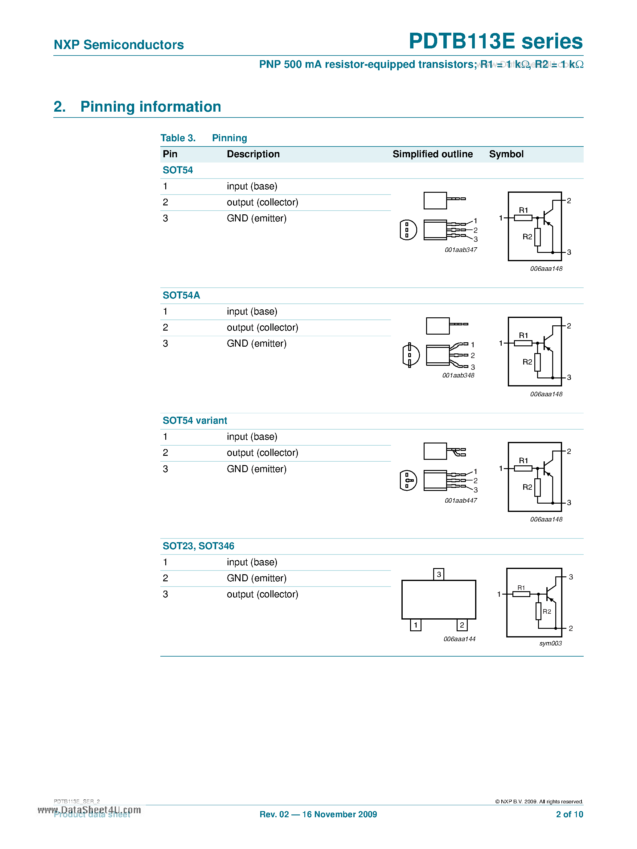Datasheet PDTB113E - PNP 500mA 50V resistor-equipped transistors page 2
