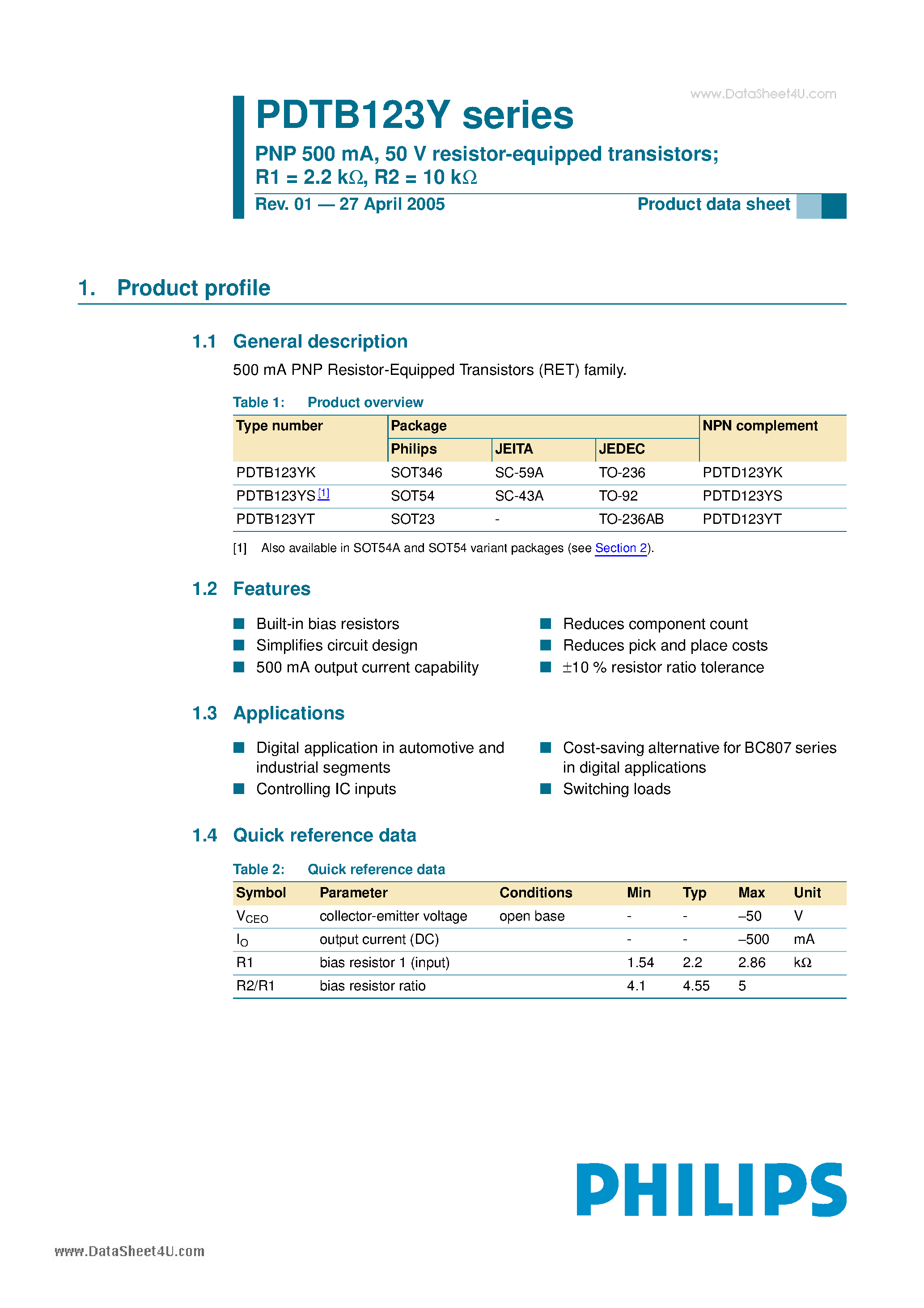 Datasheet PDTB123Y - PNP 500mA 50V resistor-equipped transistors page 1