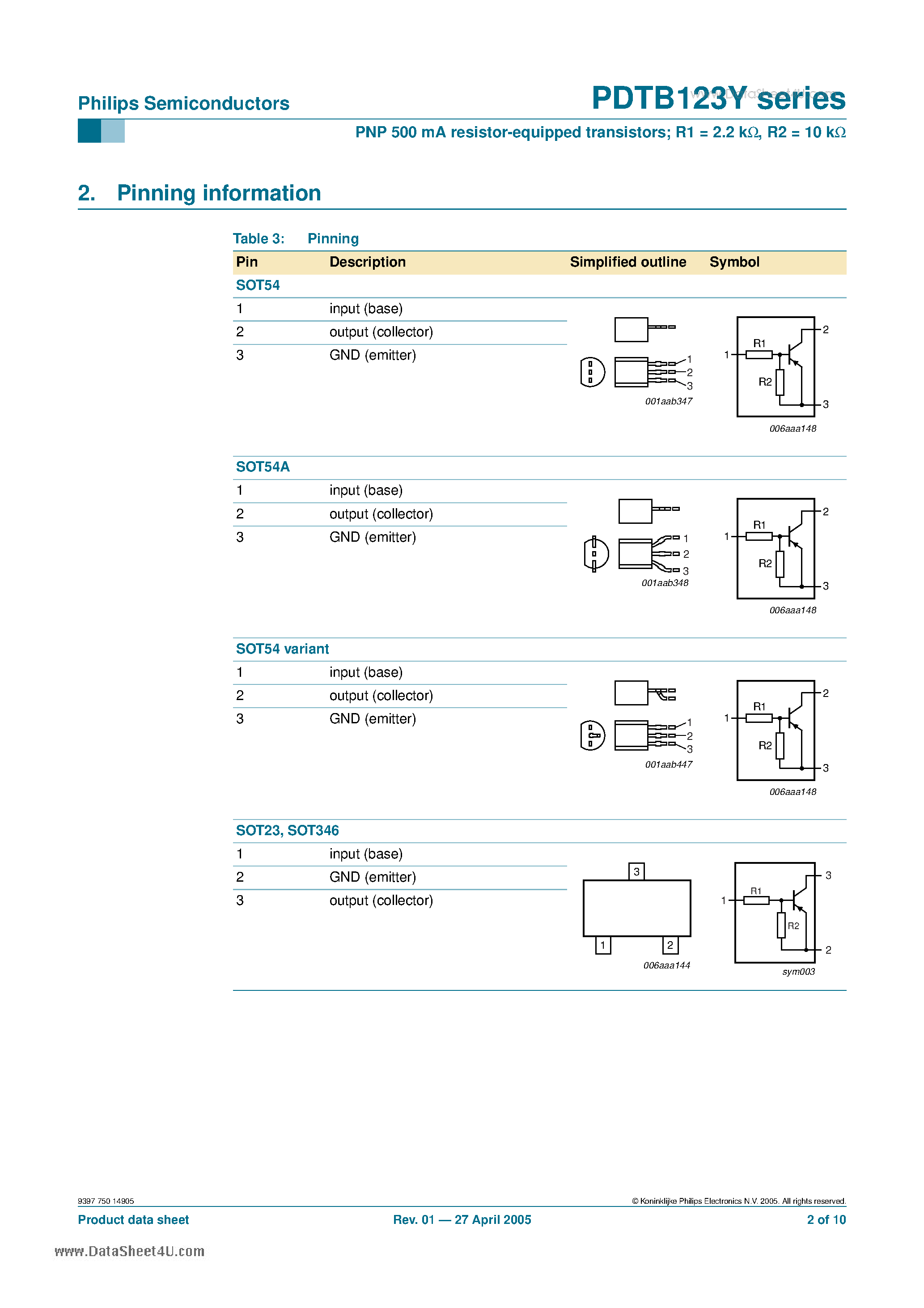 Datasheet PDTB123Y - PNP 500mA 50V resistor-equipped transistors page 2