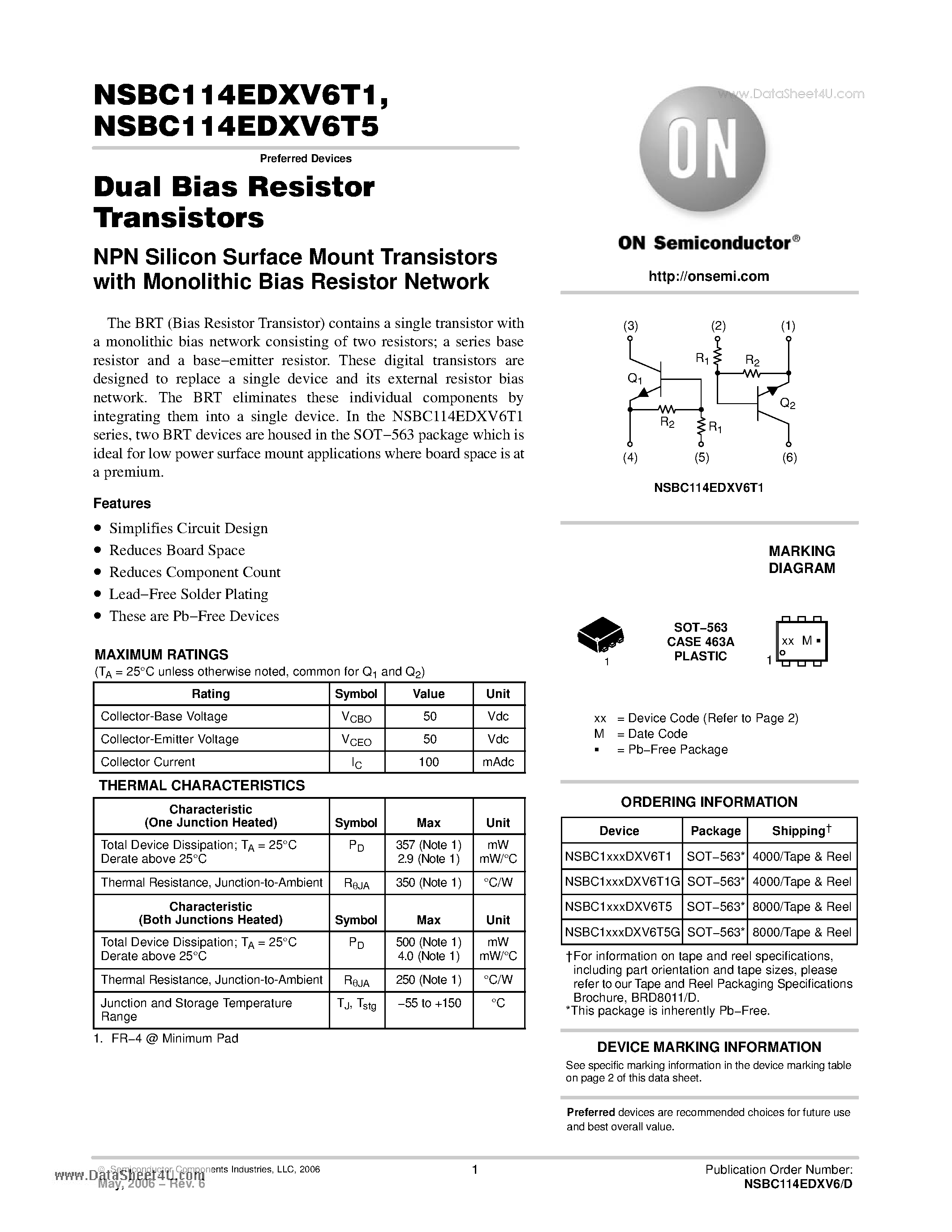 Datasheet NSBC114EDXV6T1 - Dual Bias Resistor Transistors page 1