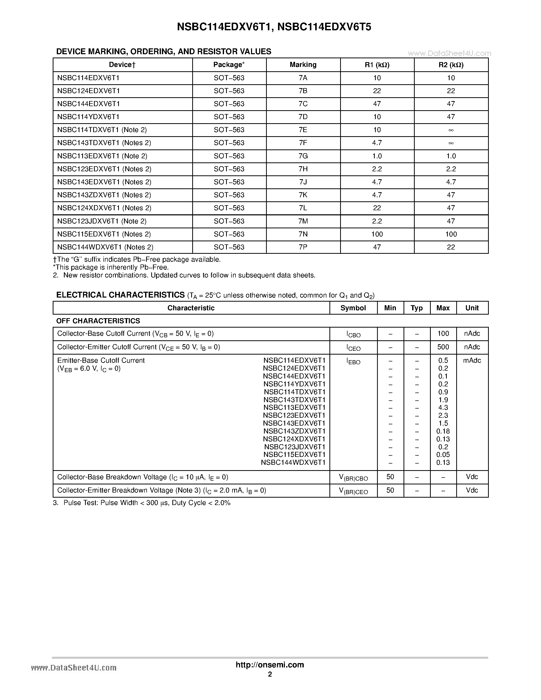 Datasheet NSBC114EDXV6T1 - Dual Bias Resistor Transistors page 2