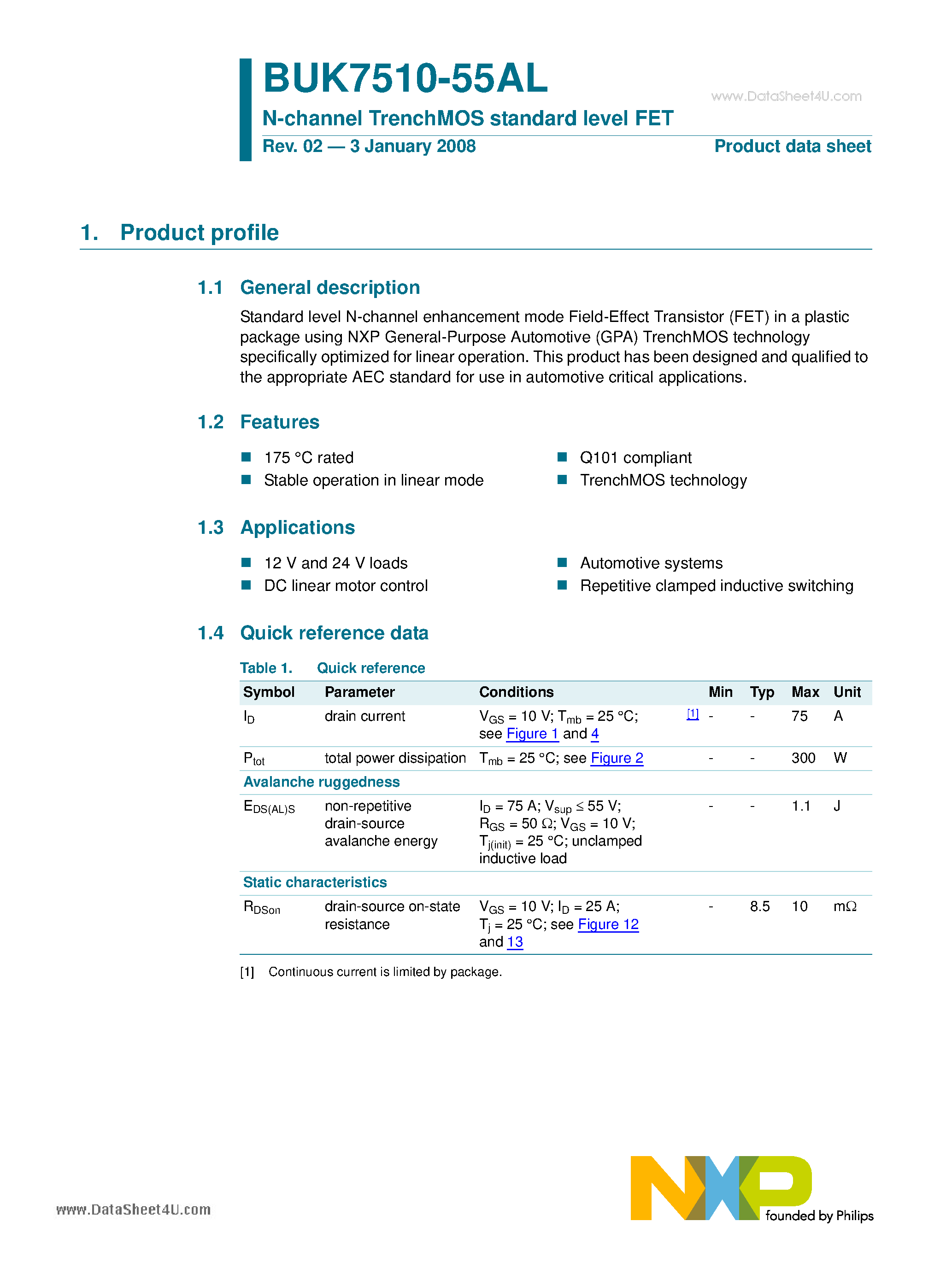 Datasheet BUK7510-55AL - N-channel TrenchMOS standard level FET page 1