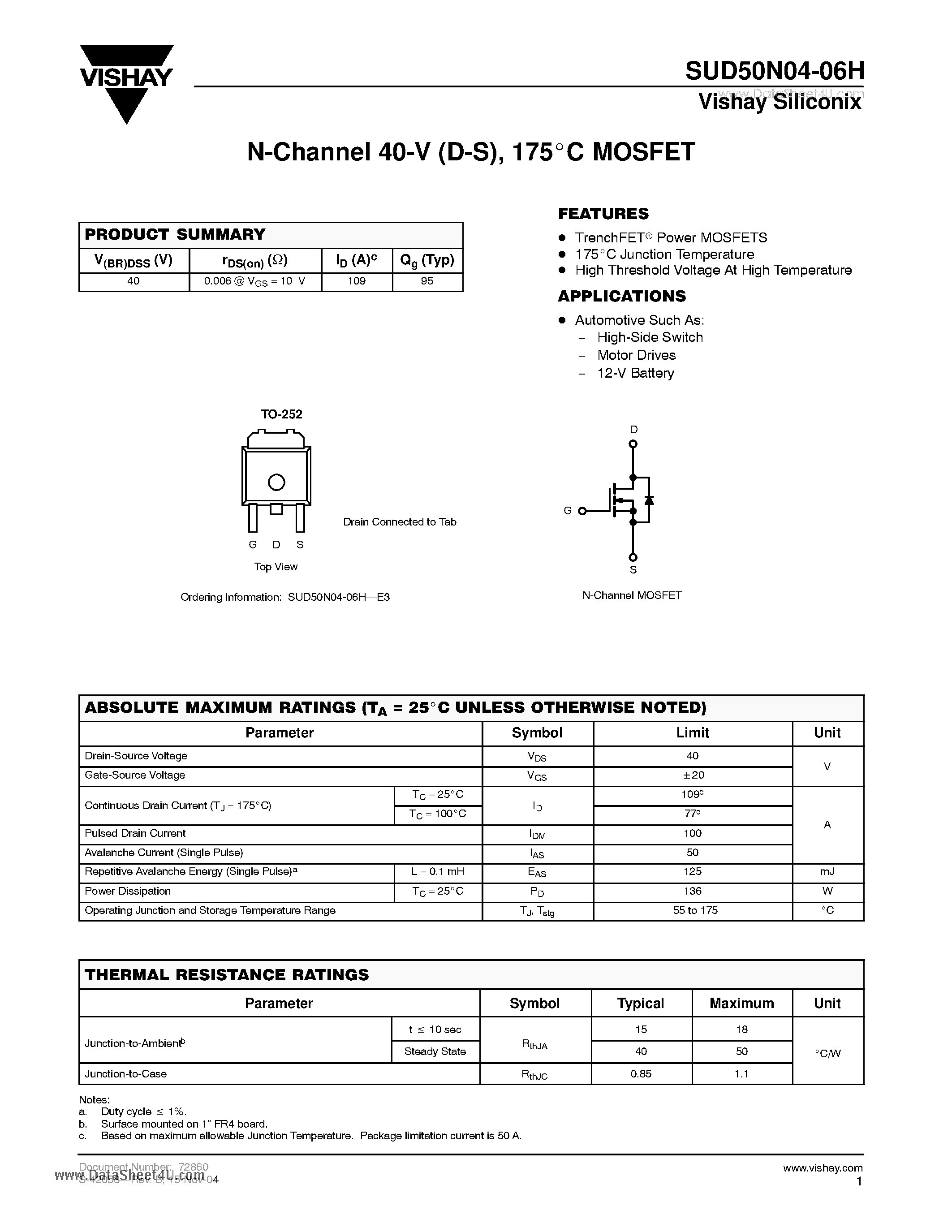 Даташит SUD50N04-06H - N-Channel 40-V (D-S) - 175 MOSFET страница 1