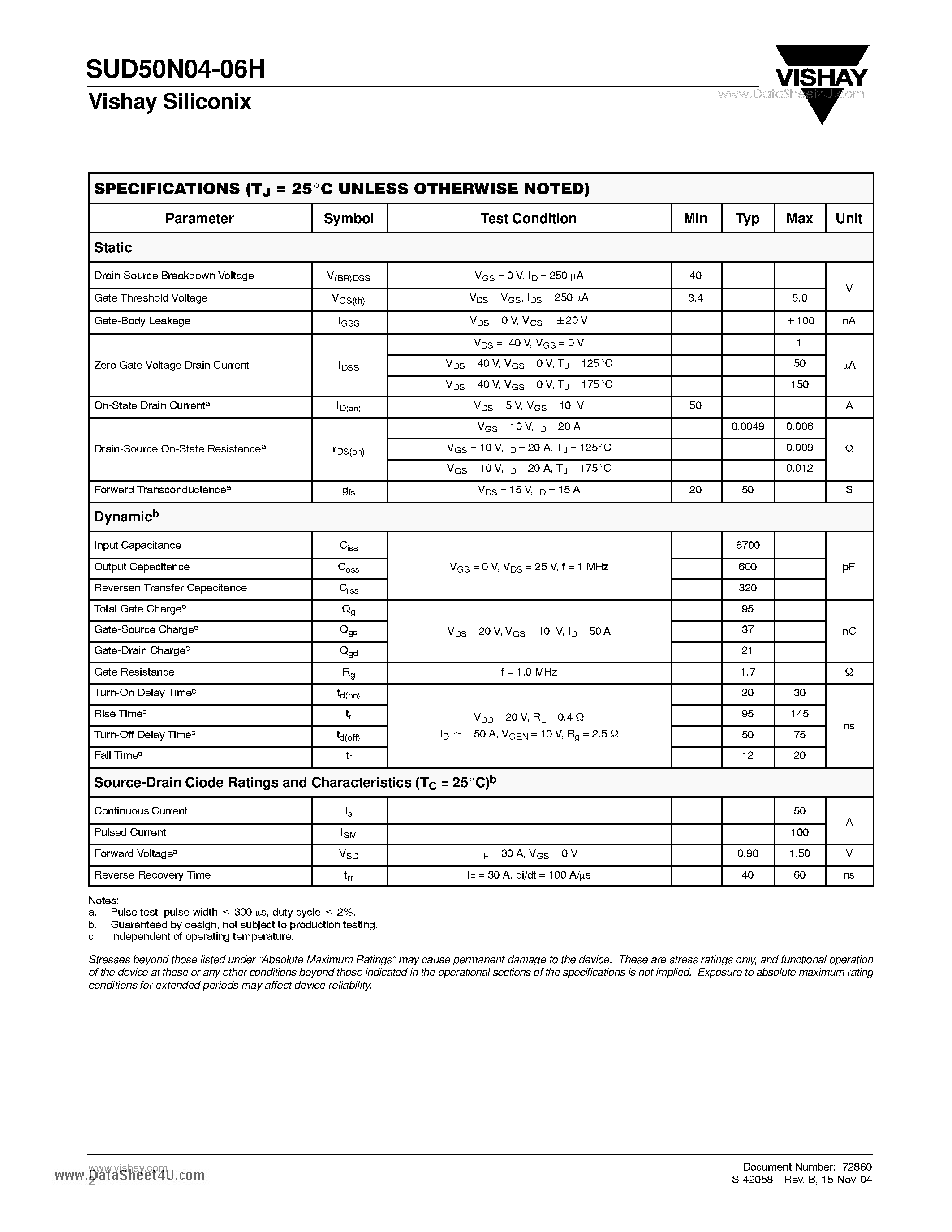 Даташит SUD50N04-06H - N-Channel 40-V (D-S) - 175 MOSFET страница 2