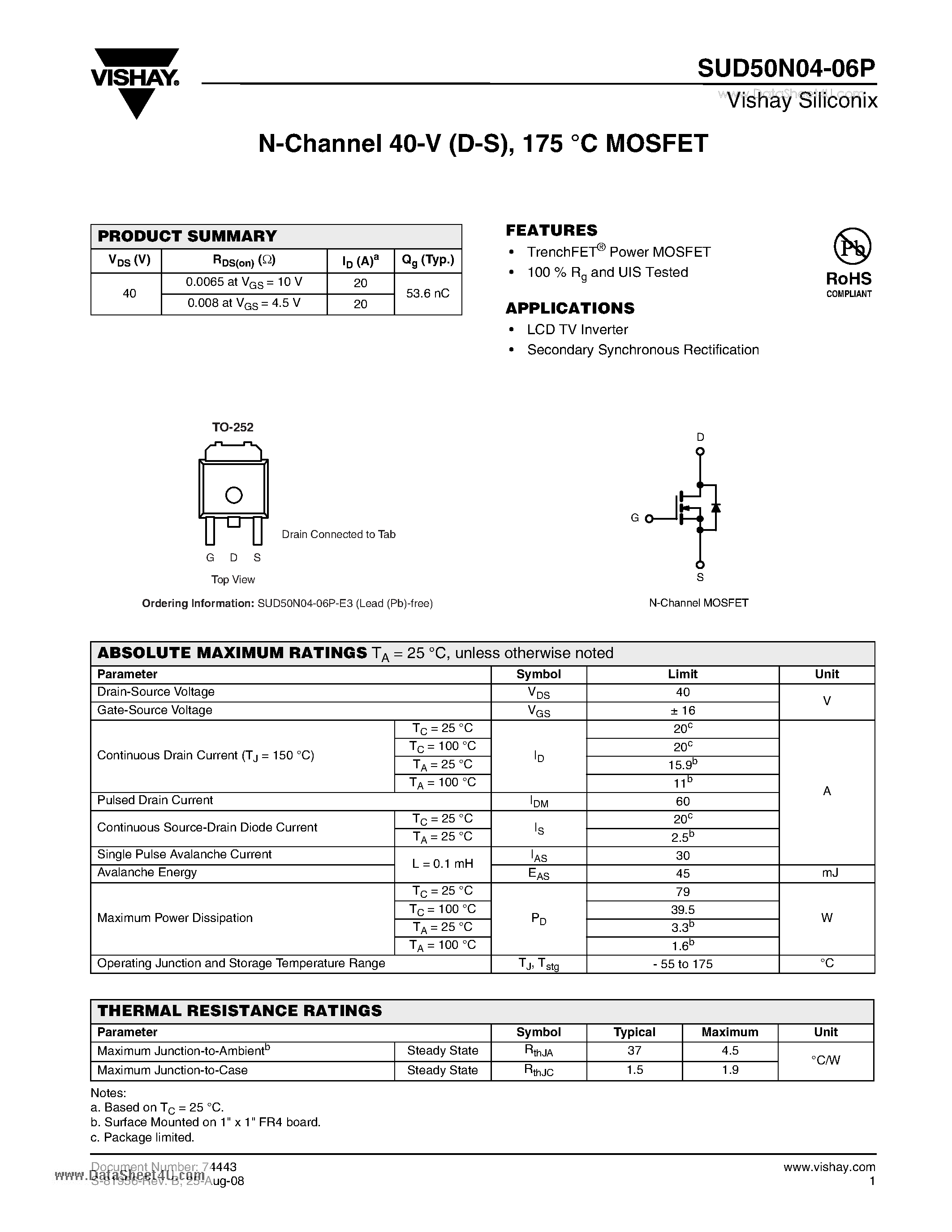 Даташит SUD50N04-06P - N-Channel 40-V (D-S) - 175 MOSFET страница 1