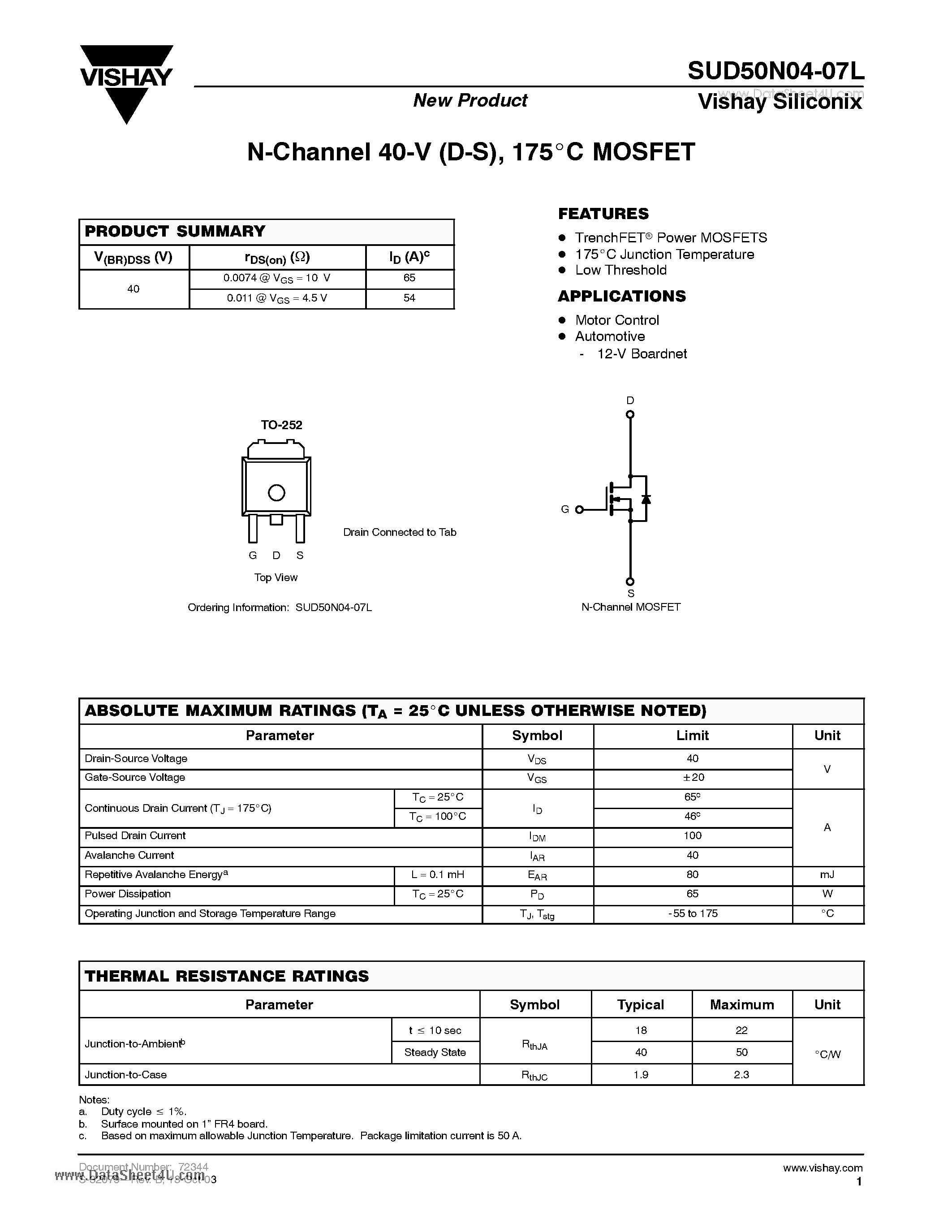 Даташит SUD50N04-07L - N-Channel 40-V (D-S) - 175 MOSFET страница 1
