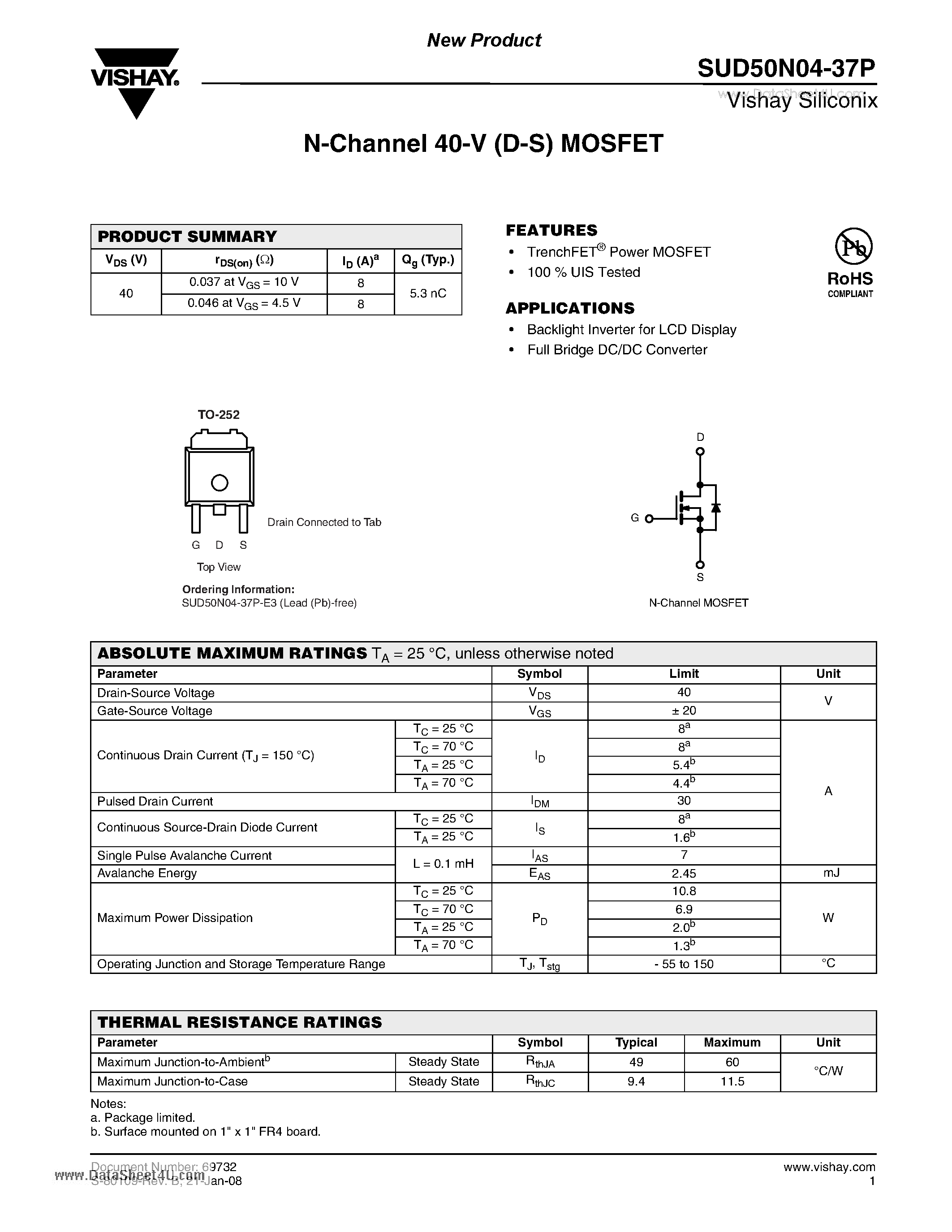 Даташит SUD50N04-37P - N-Channel 40-V (D-S) MOSFET страница 1