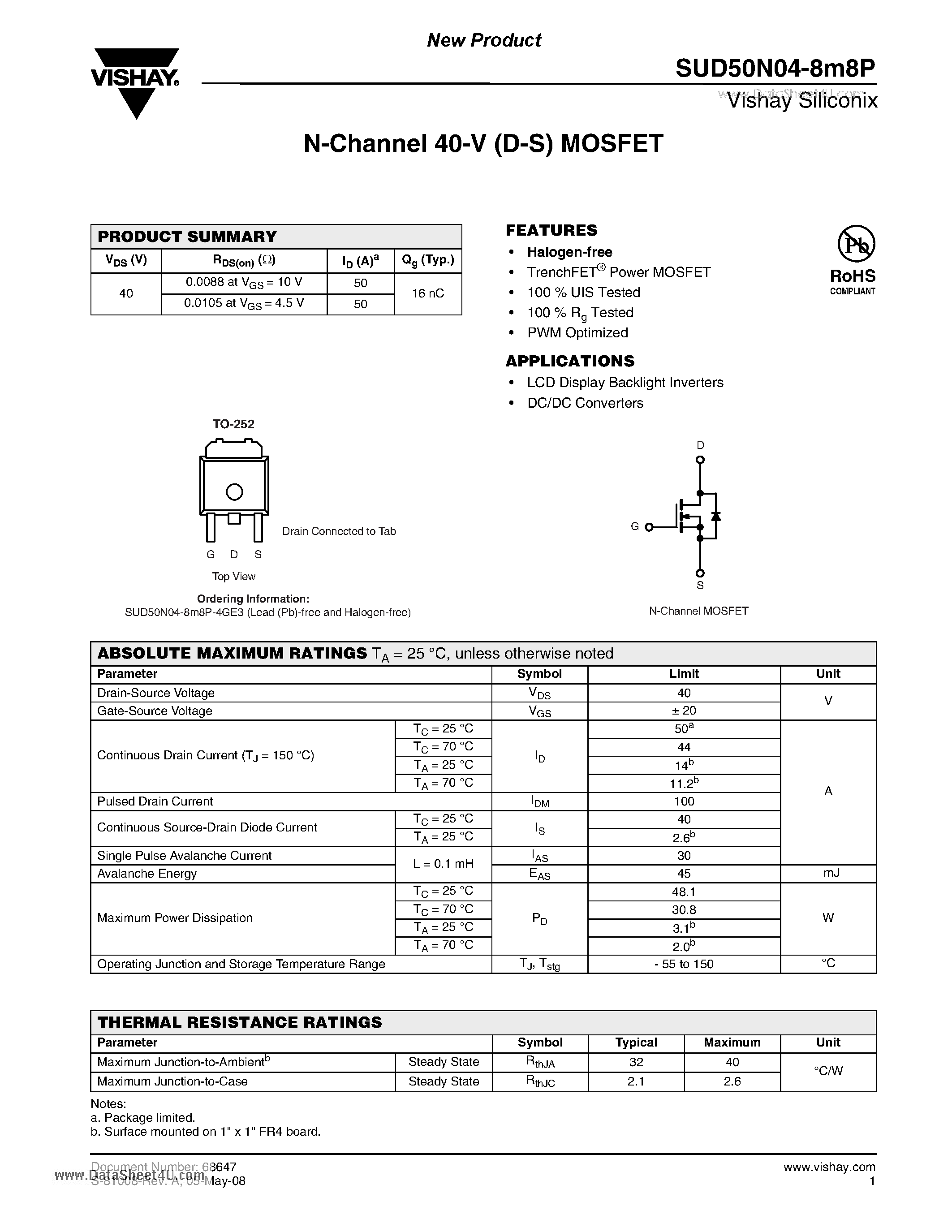 Даташит SUD50N04-8m8P - N-Channel 40-V (D-S) MOSFET страница 1