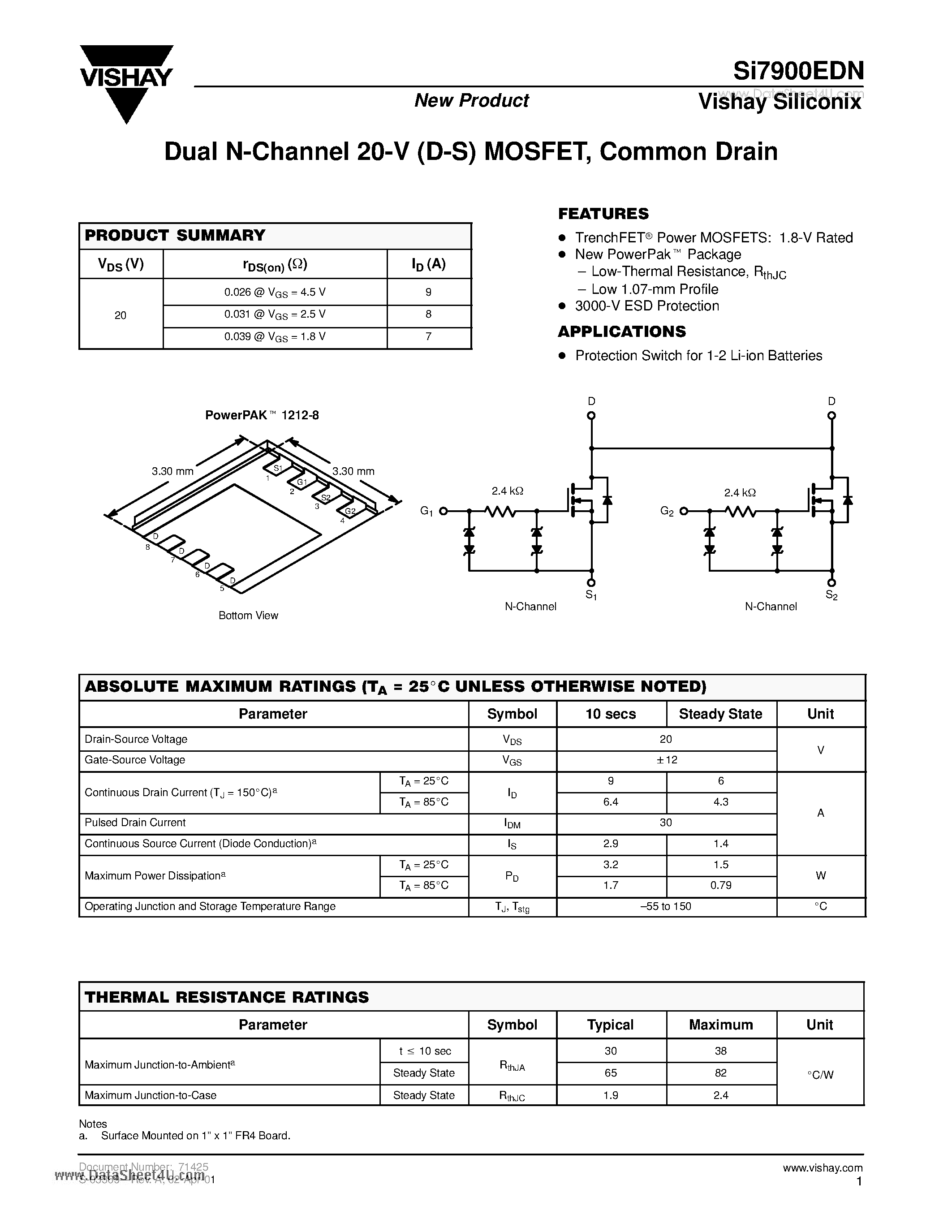 Даташит SI7900EDN - Dual N-Channel 20-V (D-S) MOSFET - Common Drain страница 1