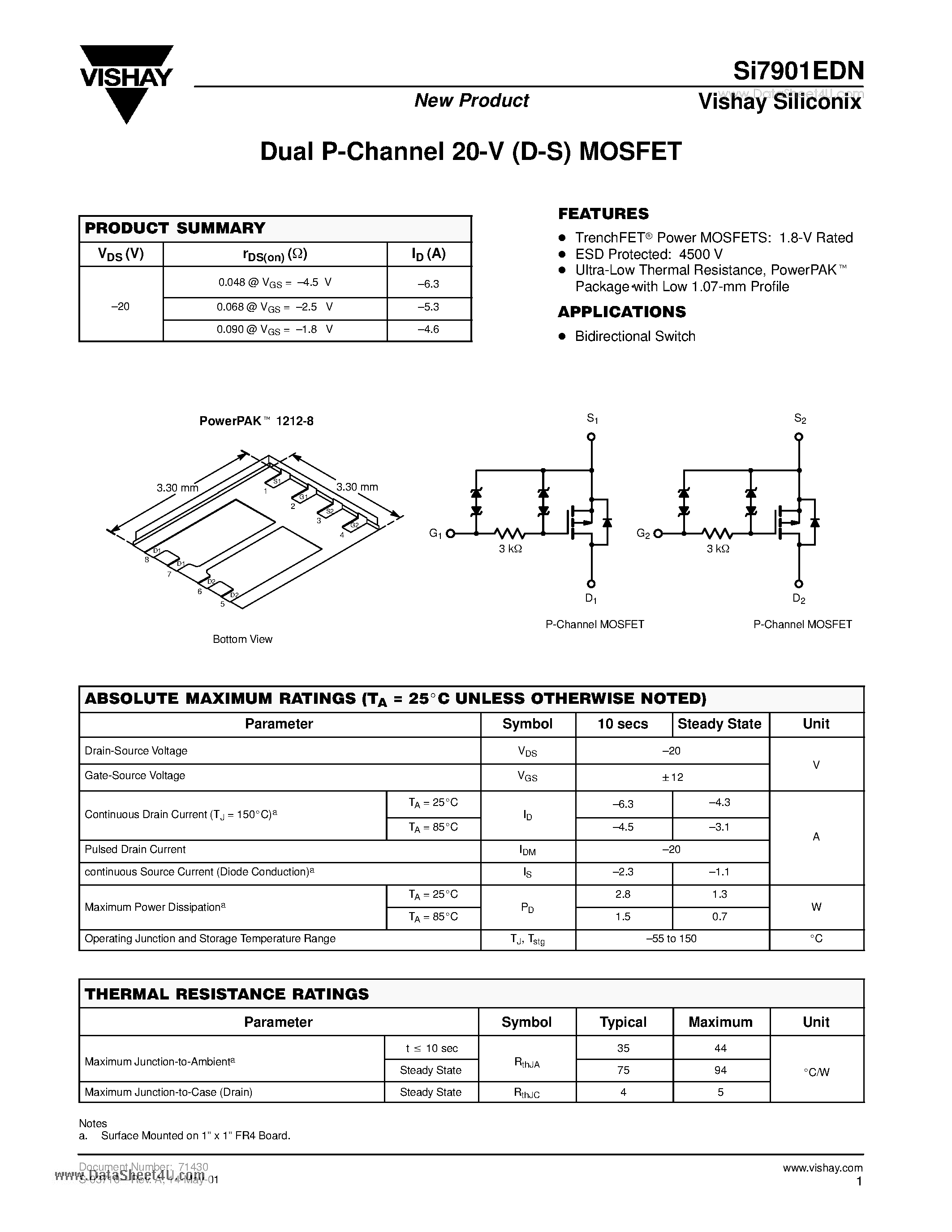 Даташит на микросхему SI7901EDN страница 1 Даташит SI7901EDN - Dual P-Channel 20-V (D-S) MOSFET страница 1