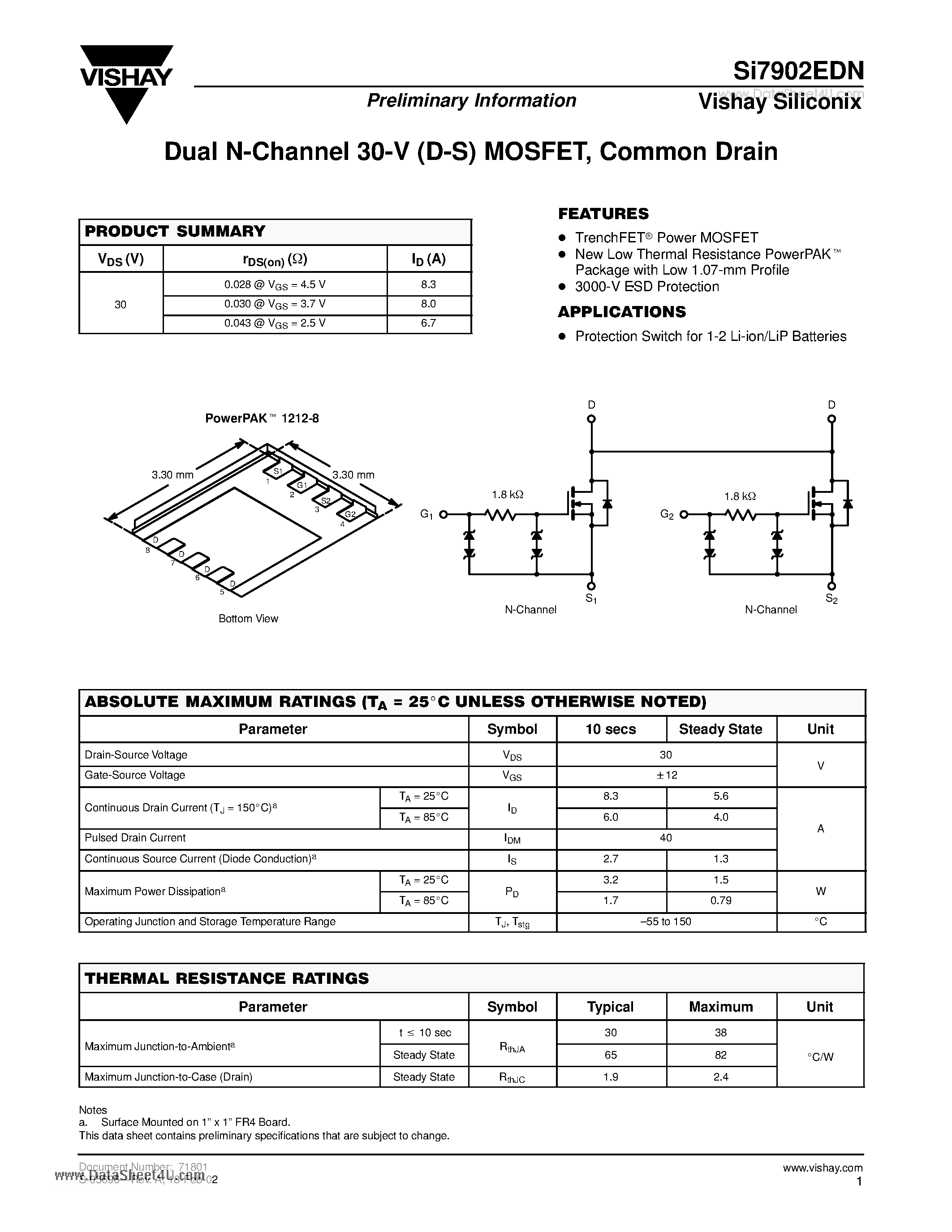 Даташит SI7902EDN - Dual N-Channel 20-V (D-S) MOSFET - Common Drain страница 1