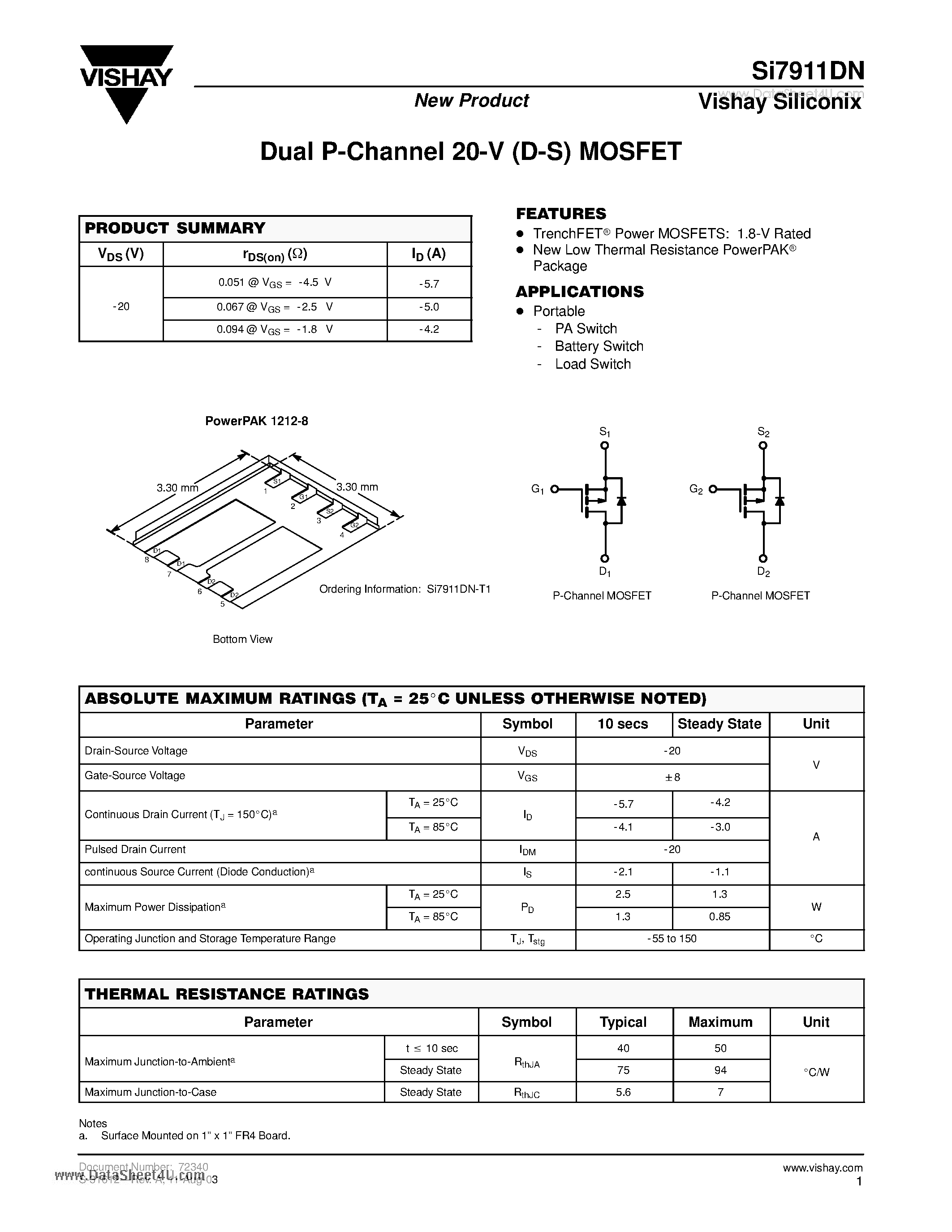 Даташит на микросхему SI7911DN страница 1 Даташит SI7911DN - Dual P-Channel 20-V (D-S) MOSFET страница 1