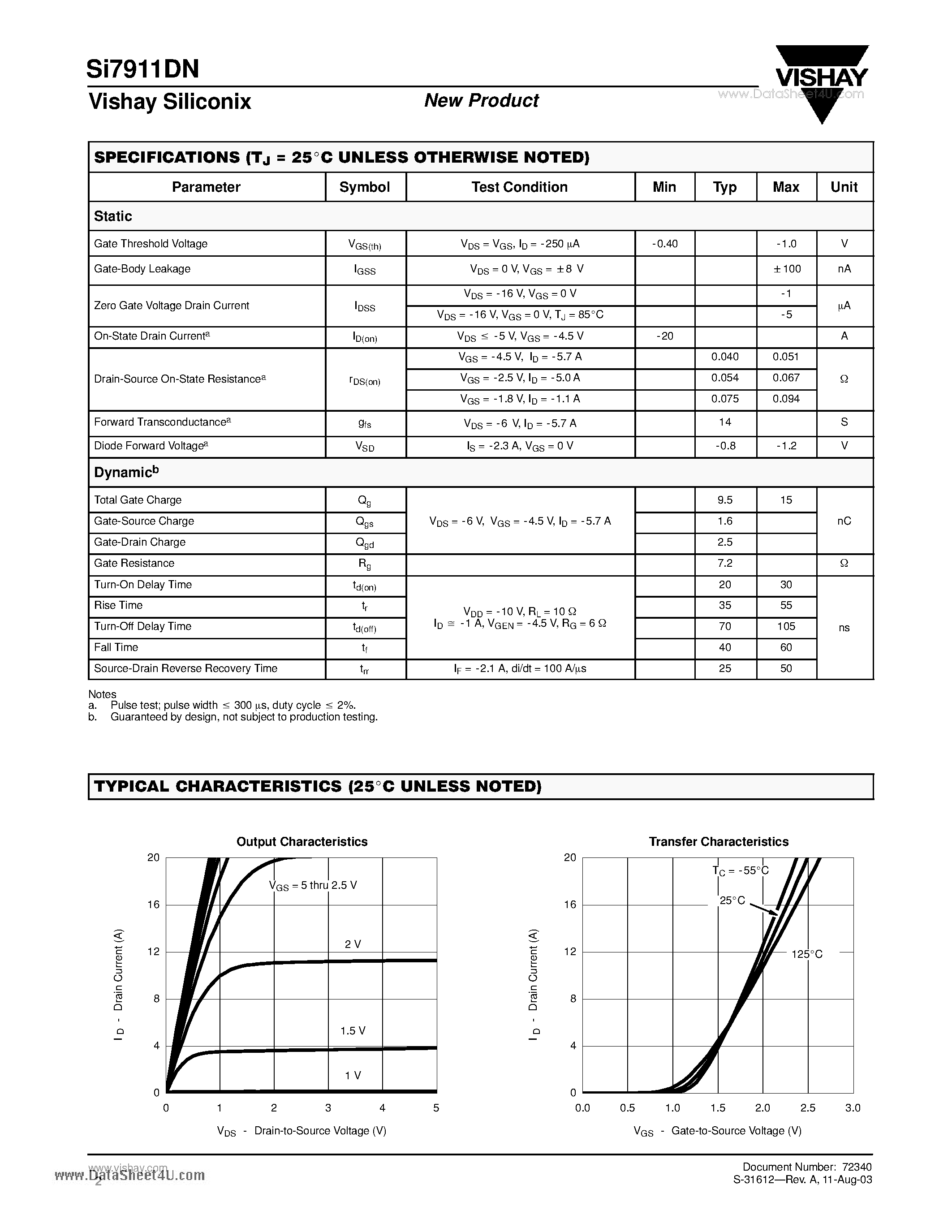 Даташит на микросхему SI7911DN страница 2 Даташит SI7911DN - Dual P-Channel 20-V (D-S) MOSFET страница 2