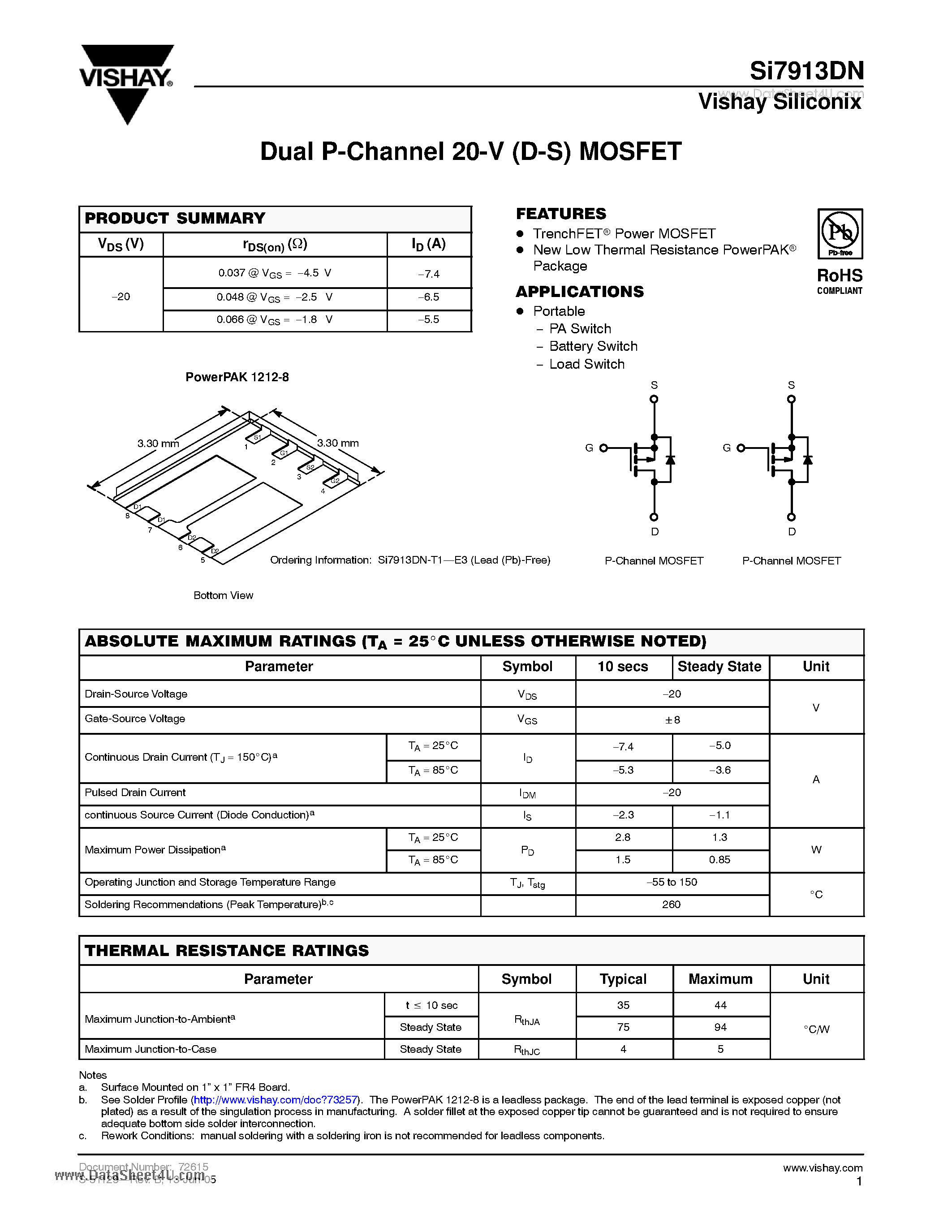 Даташит на микросхему SI7913DN страница 1 Даташит SI7913DN - Dual P-Channel 20-V (D-S) MOSFET страница 1