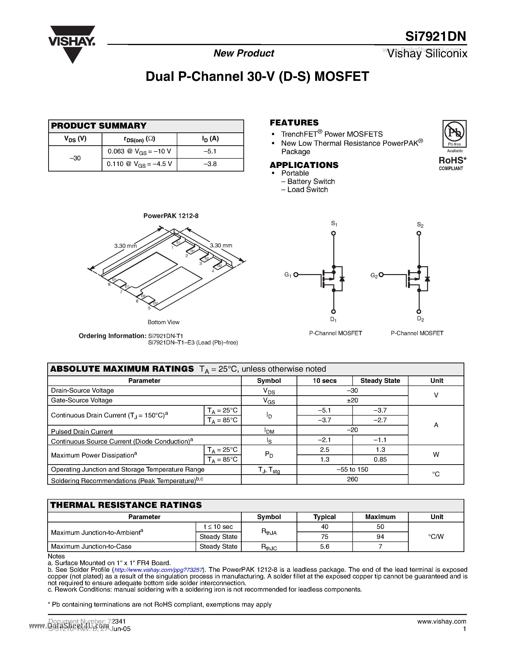 Даташит на микросхему SI7921DN страница 1 Даташит SI7921DN - Dual P-Channel 30-V (D-S) MOSFET страница 1