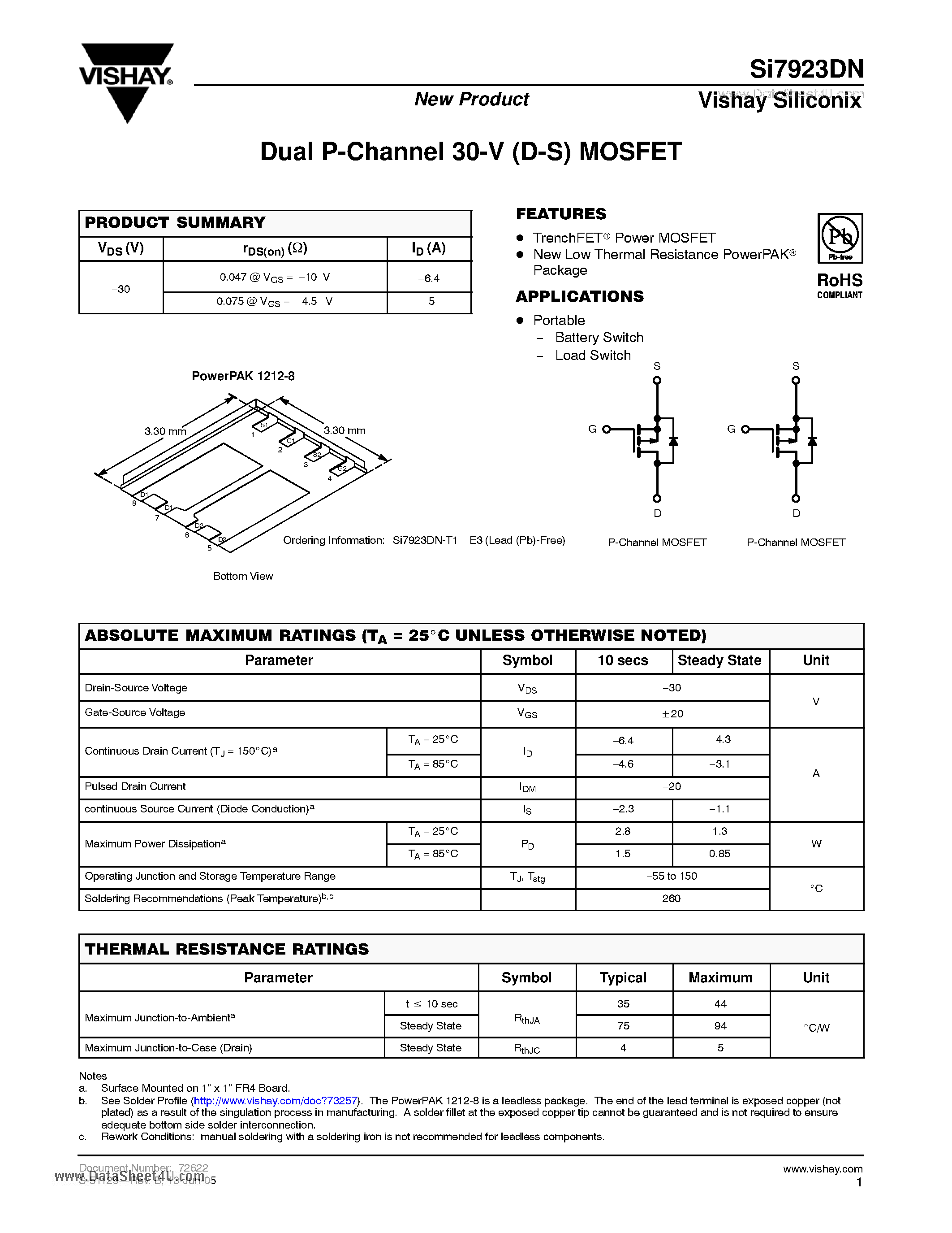 Даташит на микросхему SI7923DN страница 1 Даташит SI7923DN - Dual P-Channel 30-V (D-S) MOSFET страница 1