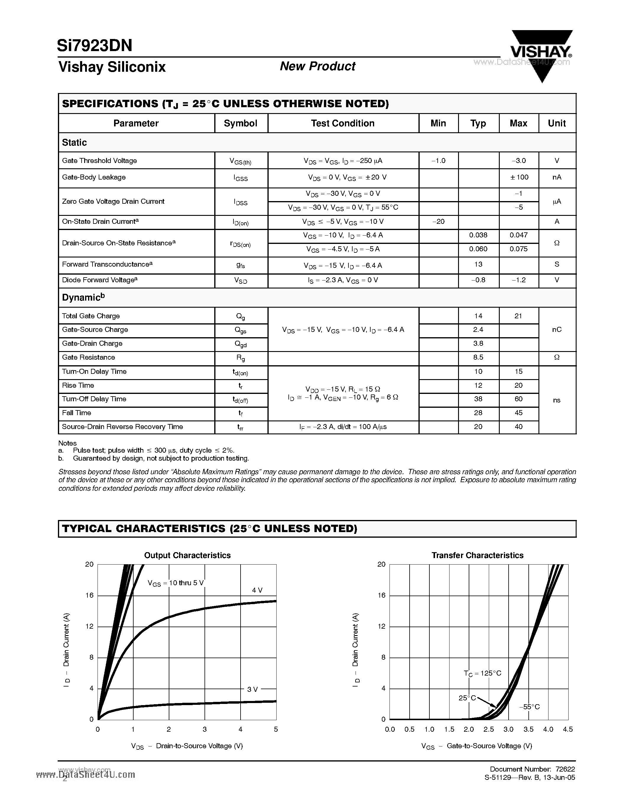 Даташит на микросхему SI7923DN страница 2 Даташит SI7923DN - Dual P-Channel 30-V (D-S) MOSFET страница 2