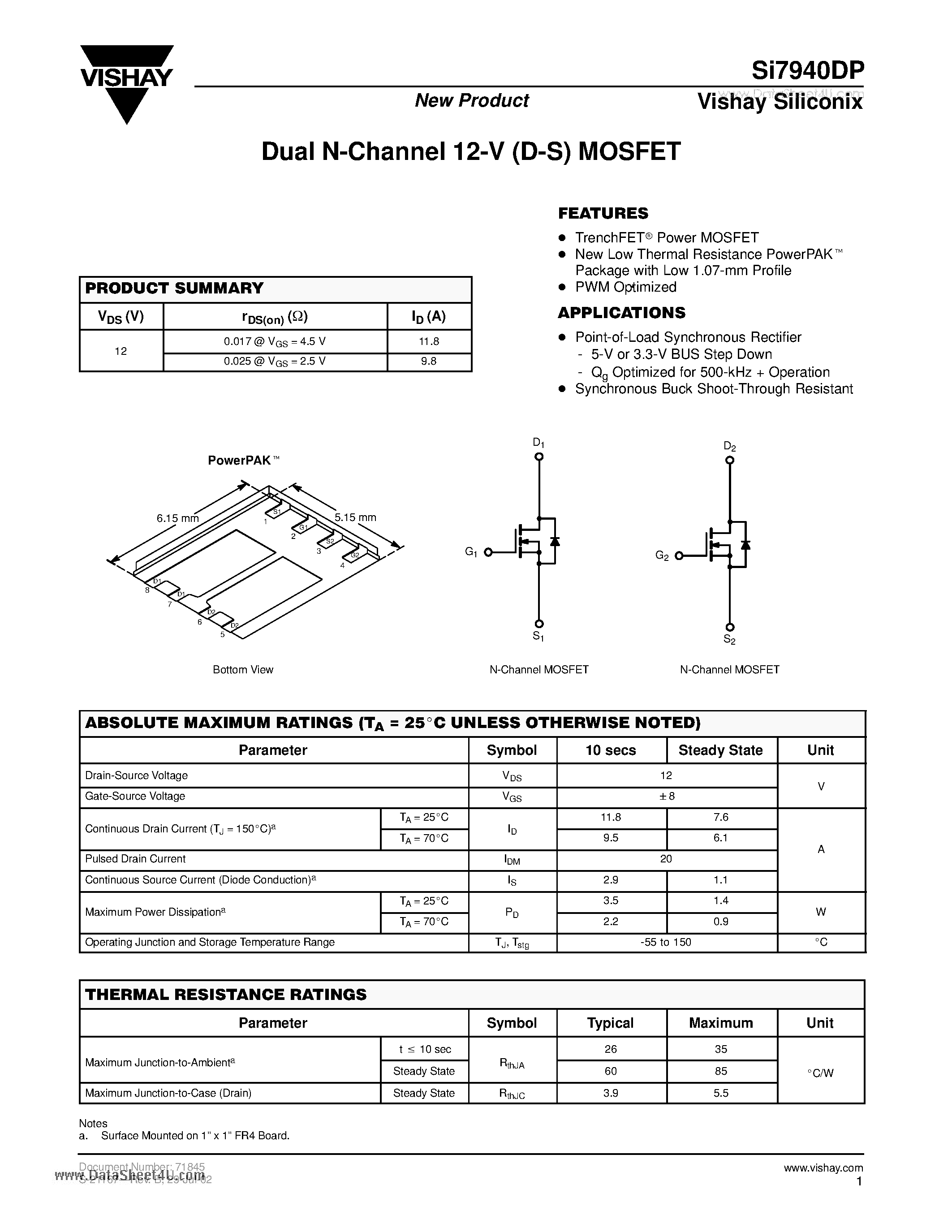Даташит SI7940DP - Dual N-Channel 12-V (D-S) MOSFET страница 1