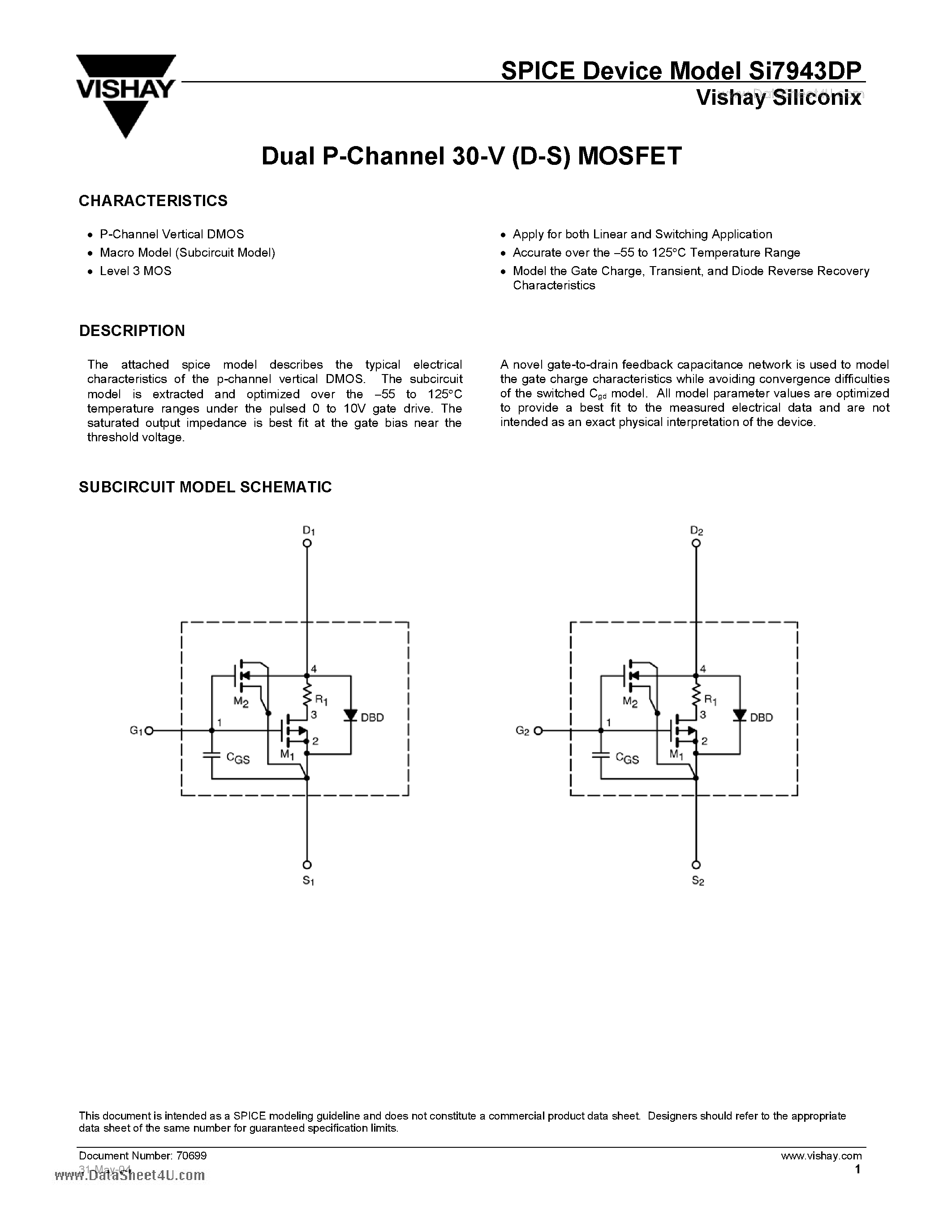 Даташит на микросхему SI7943DP страница 1 Даташит SI7943DP - Dual P-Channel 30-V (D-S) MOSFET страница 1