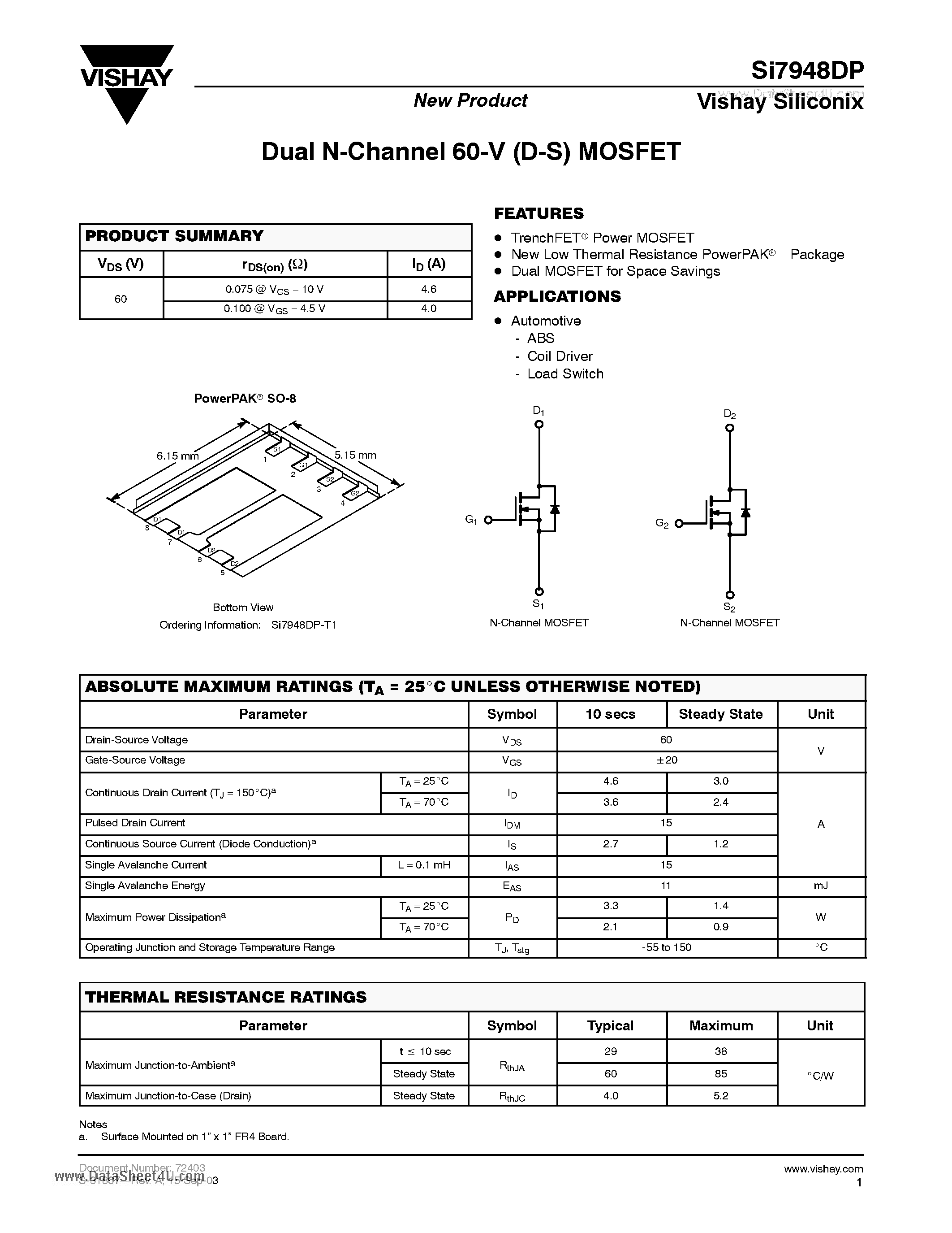Даташит SI7948DP - Dual N-Channel 60-V (D-S) MOSFET страница 1
