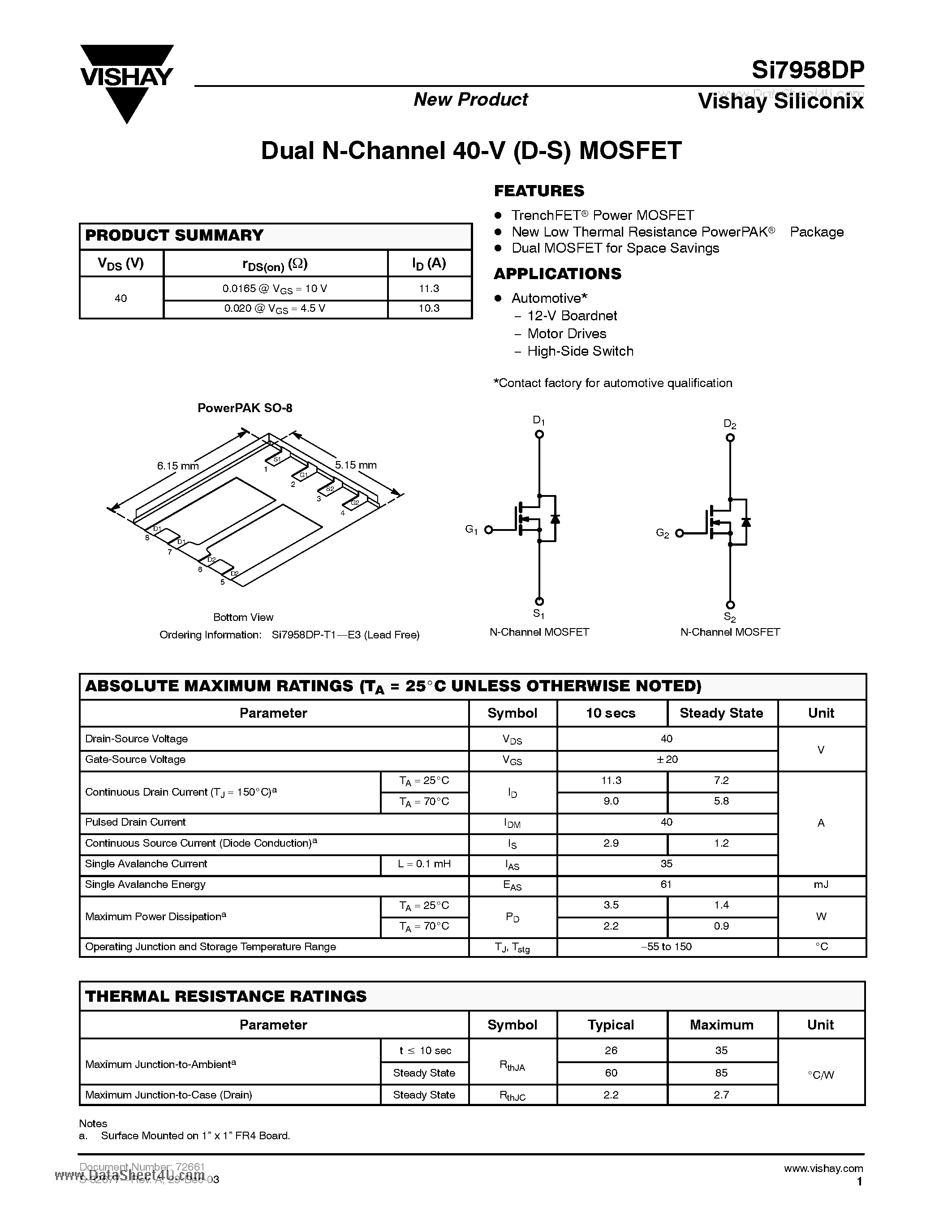 Даташит SI7958DP - Dual N-Channel 40-V (D-S) MOSFET страница 1