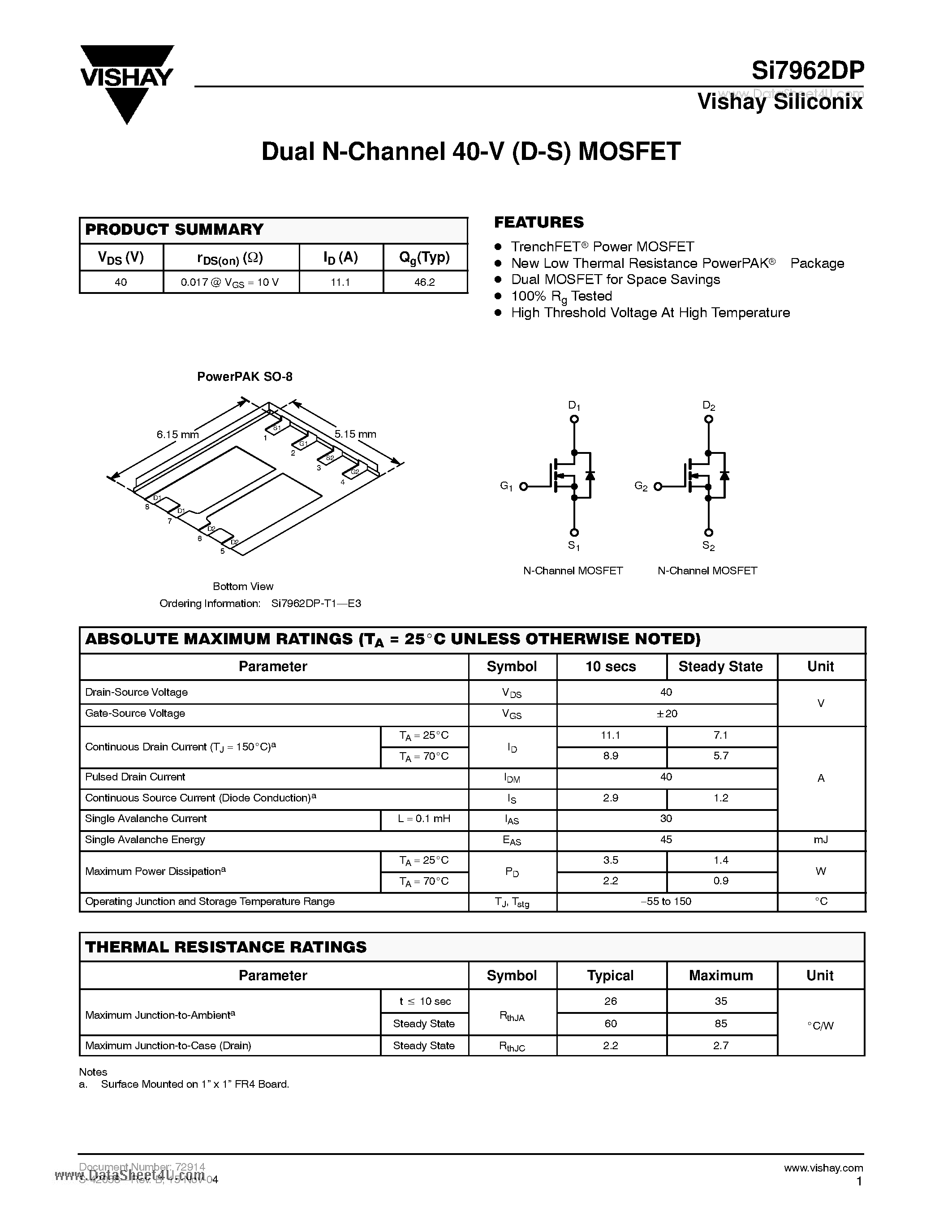 Даташит SI7962DP - Dual N-Channel 40-V (D-S) MOSFET страница 1