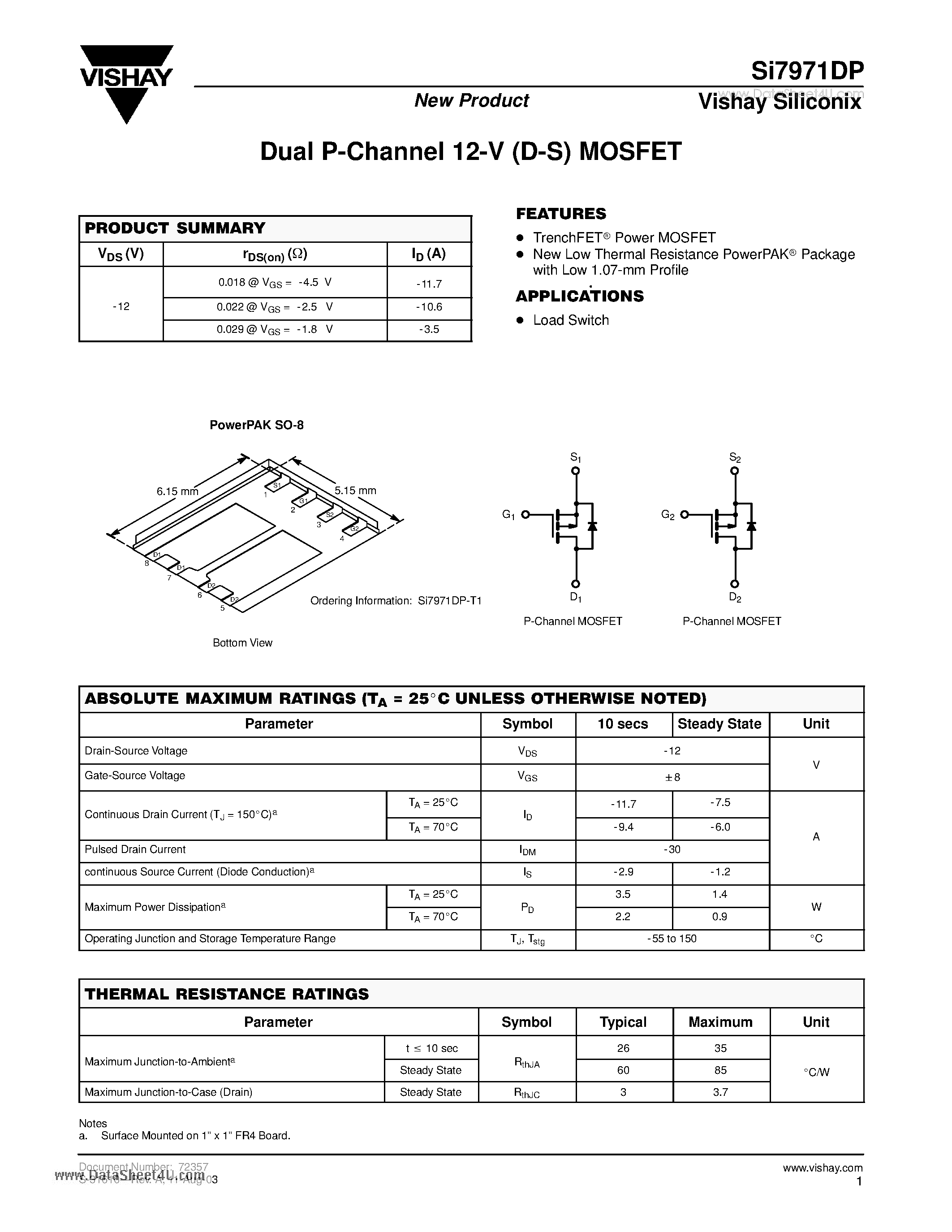 Даташит на микросхему SI7971DP страница 1 Даташит SI7971DP - Dual P-Channel 12-V (D-S) MOSFET страница 1