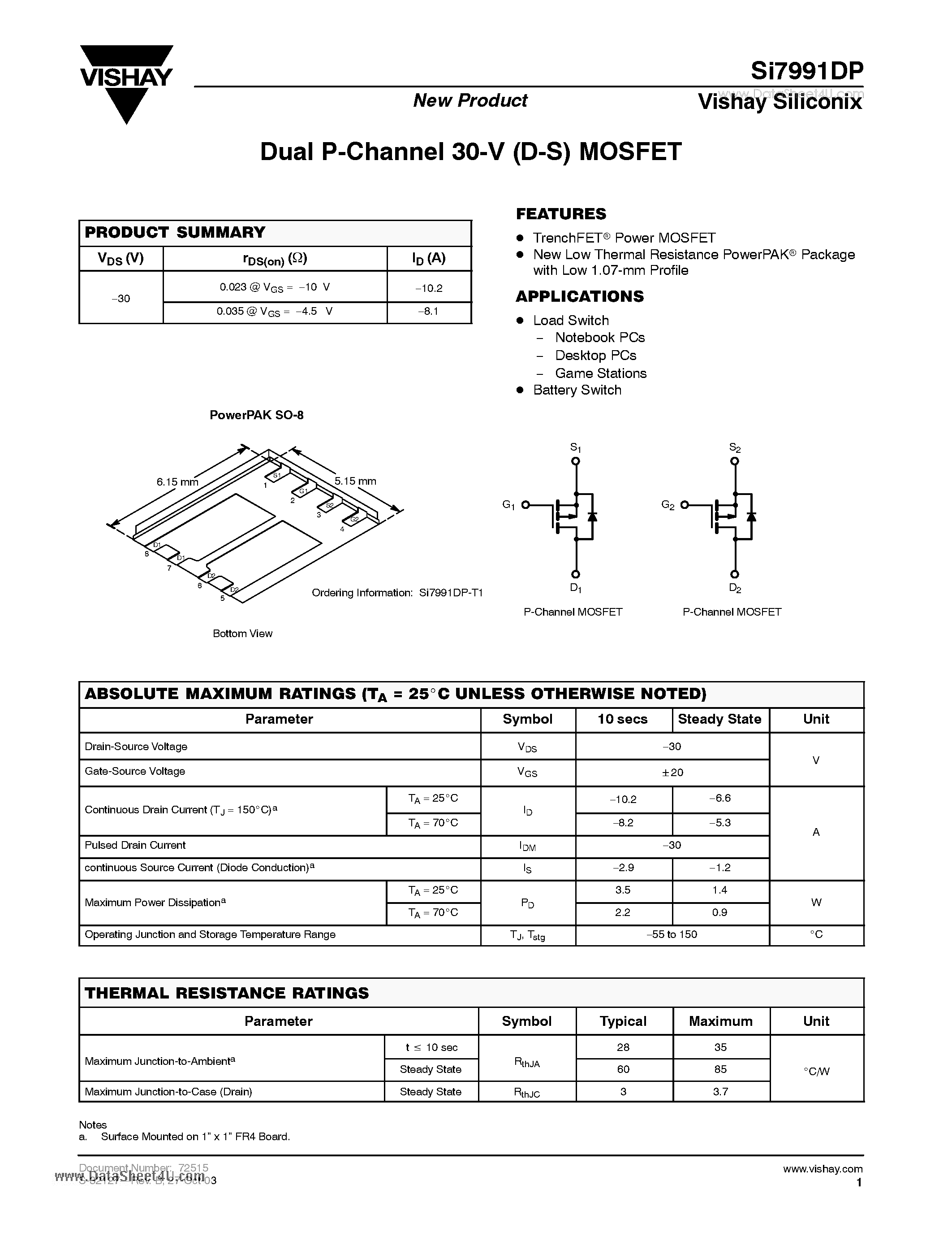 Даташит на микросхему SI7991DP страница 1 Даташит SI7991DP - Dual P-Channel 30-V (D-S) MOSFET страница 1