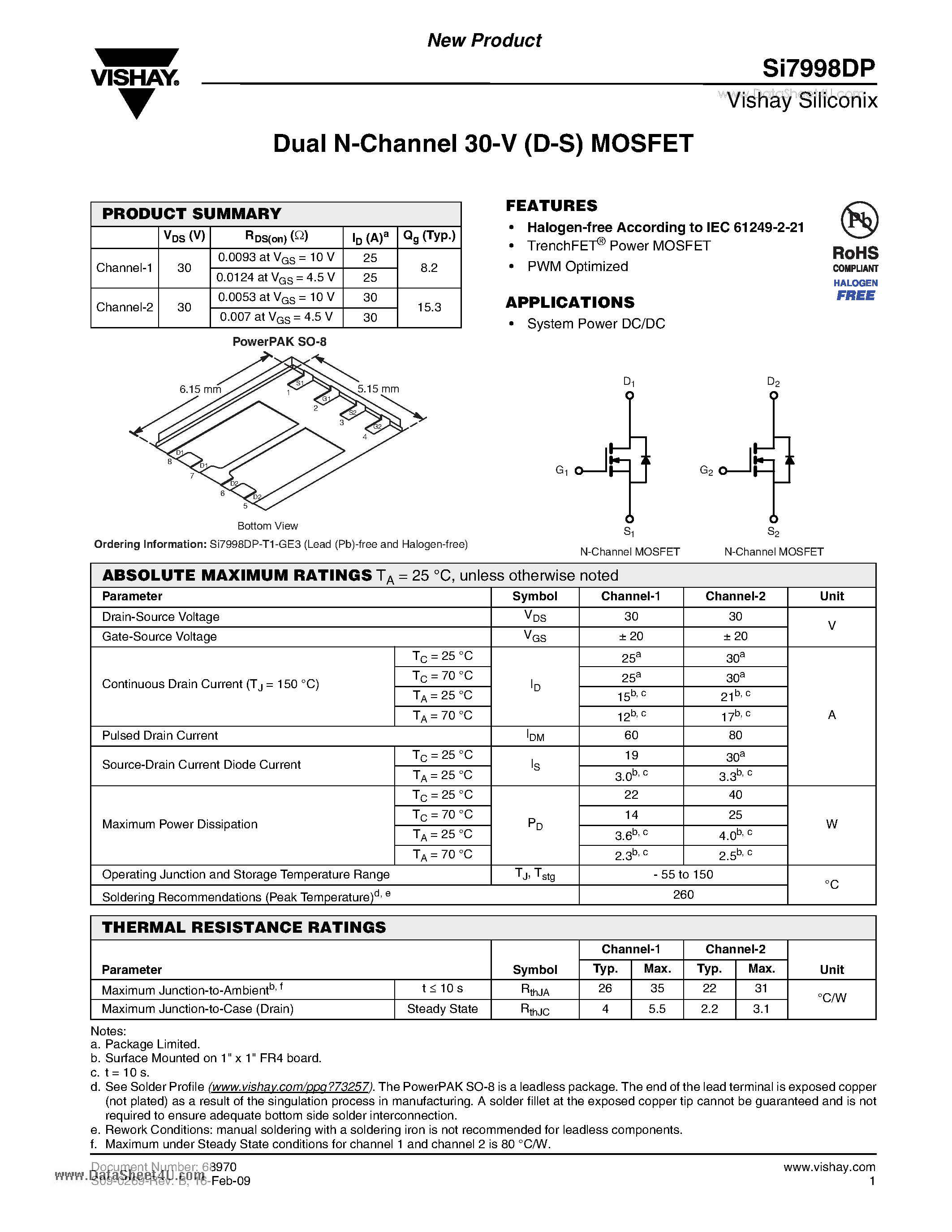 Даташит SI7998DP - Dual N-Channel 30-V (D-S) MOSFET страница 1