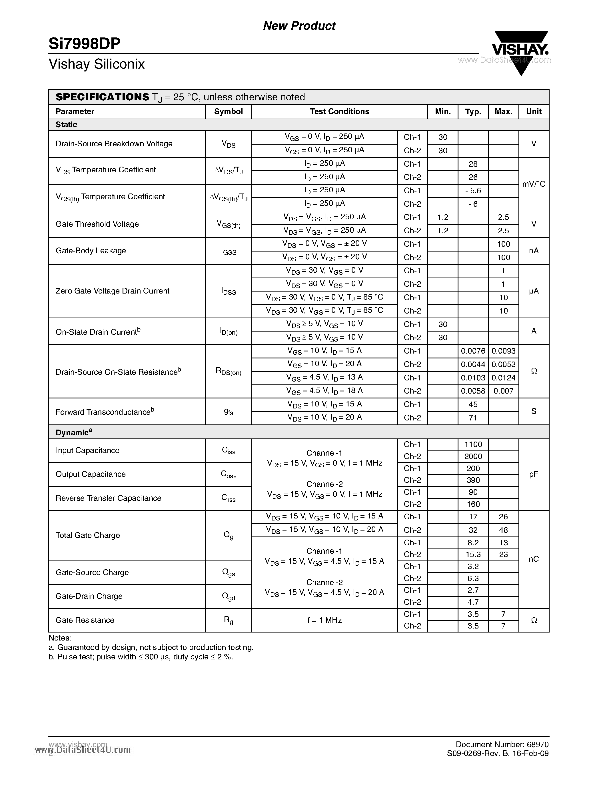 Даташит SI7998DP - Dual N-Channel 30-V (D-S) MOSFET страница 2