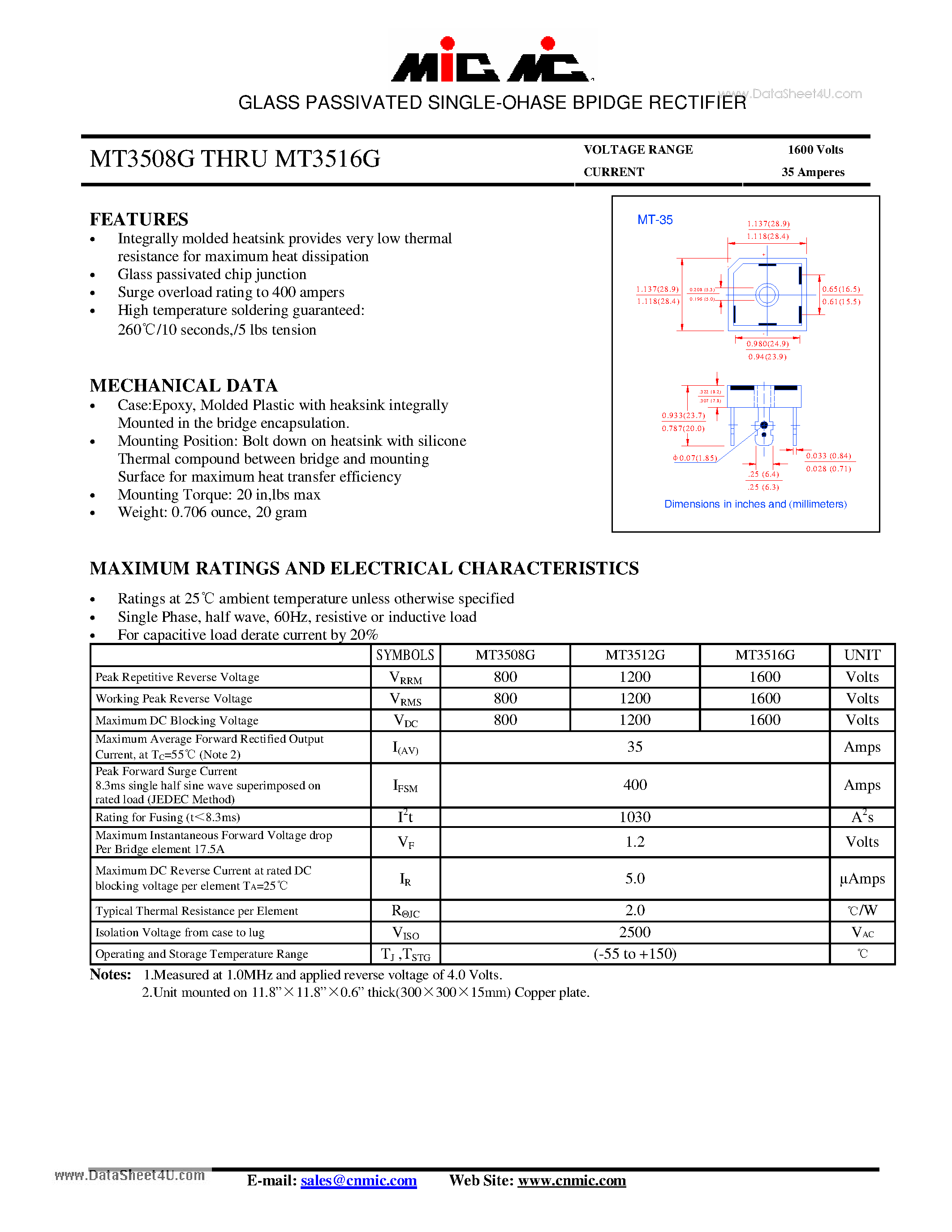 Datasheet MT3508G - (MT3508G - MT3516G) GLASS PASSIVATED SINGLE-OHASE BPIDGE RECTIFIER page 1