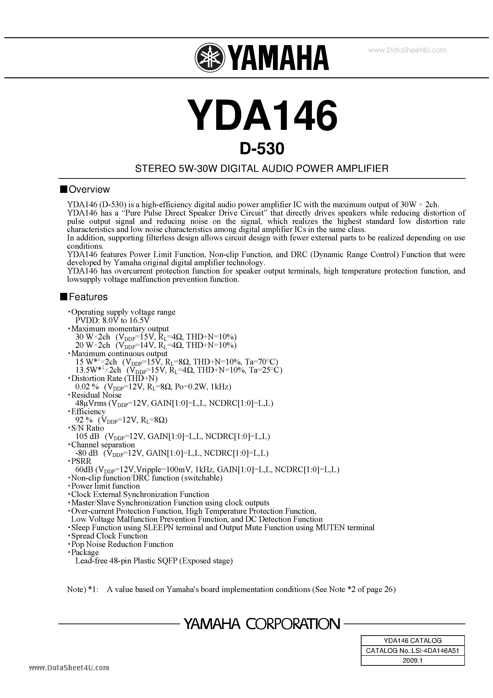 Даташит на микросхему YDA146 страница 1 Даташит YDA146 - Stereo 5W-30W Digital Audio Power Amplifier страница 1