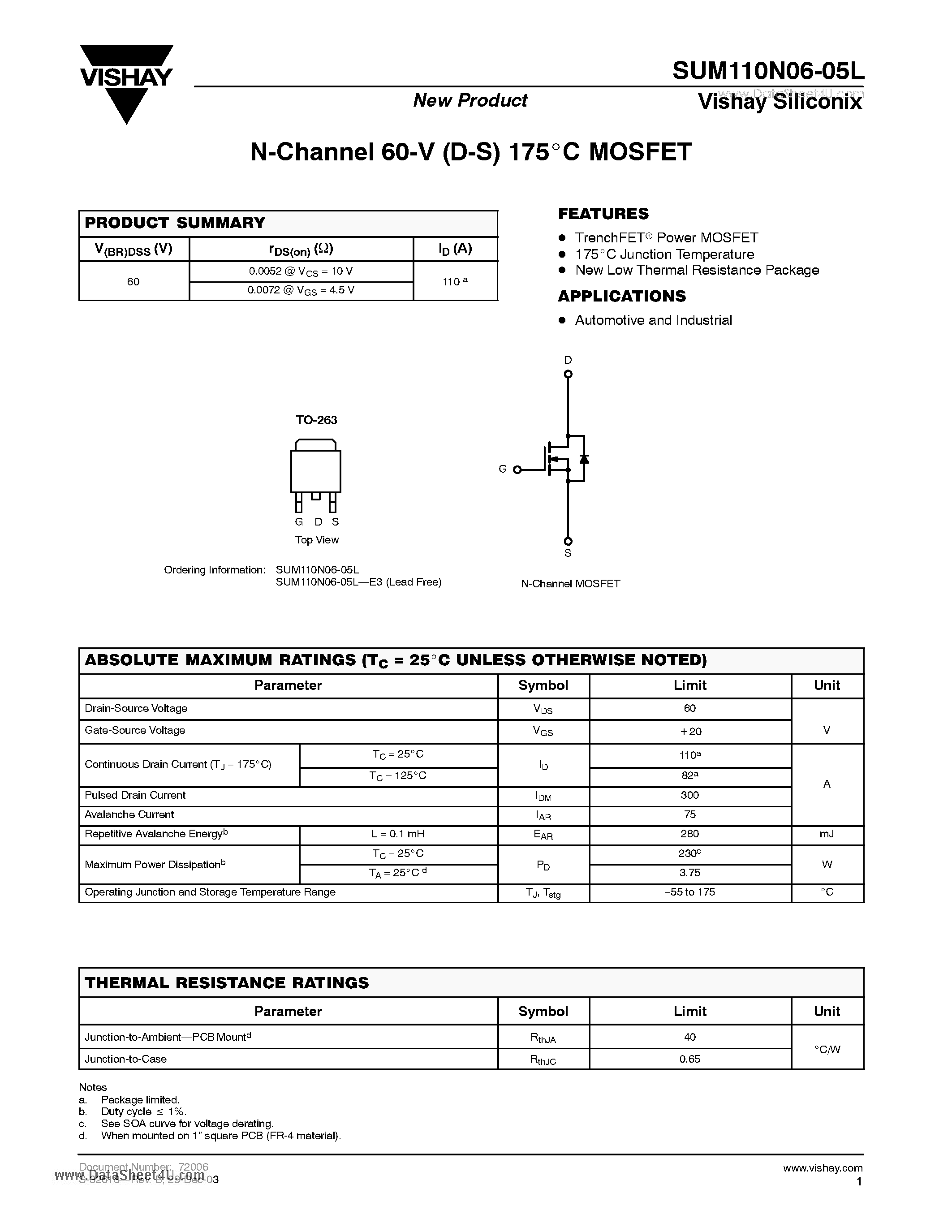 Даташит SUM110N06-05L - N-Channel 60-V (D-S) 175 C MOSFET страница 1