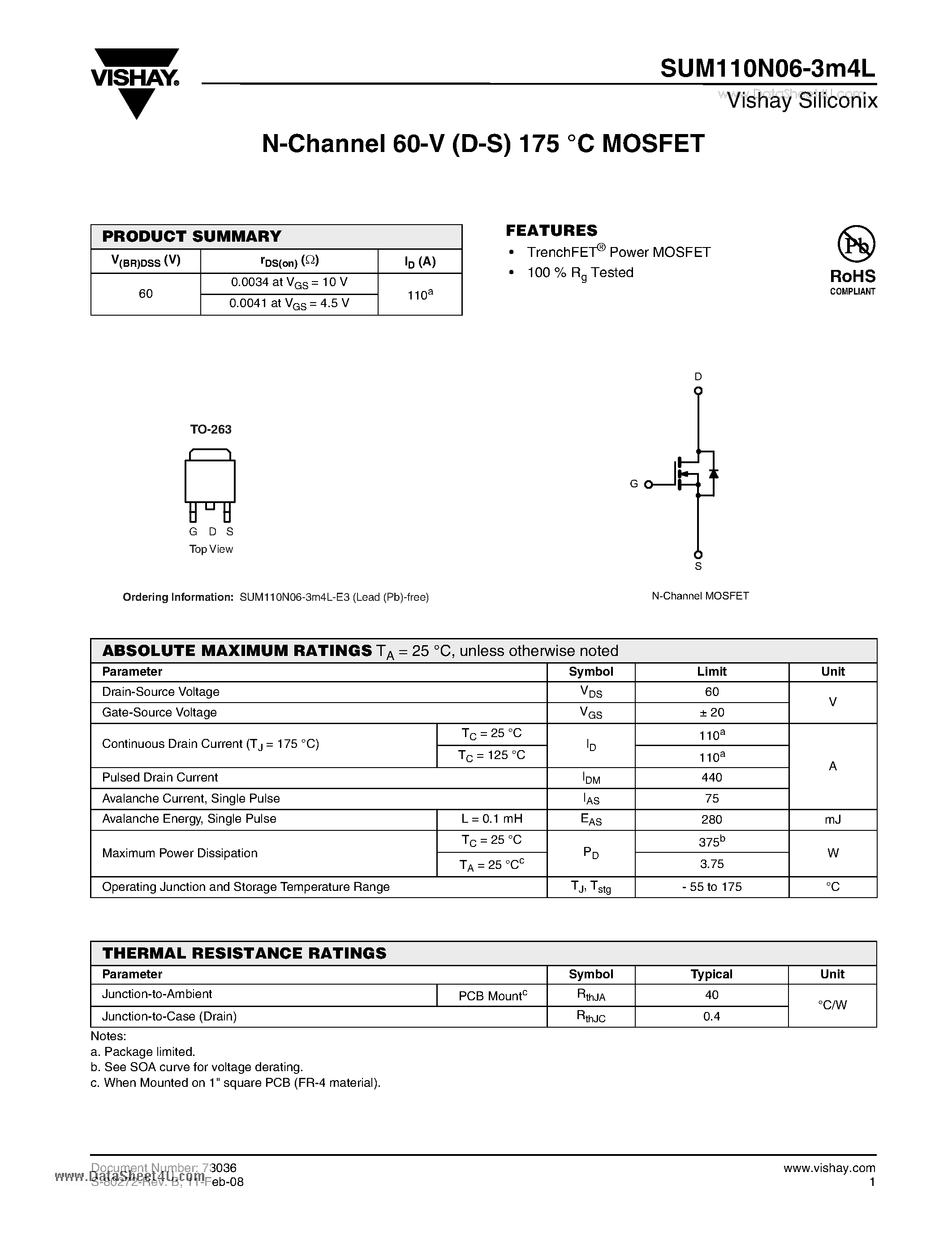 Datasheet SUM110N06-3m4L - N-Channel 60-V (D-S) 175 C MOSFET page 1