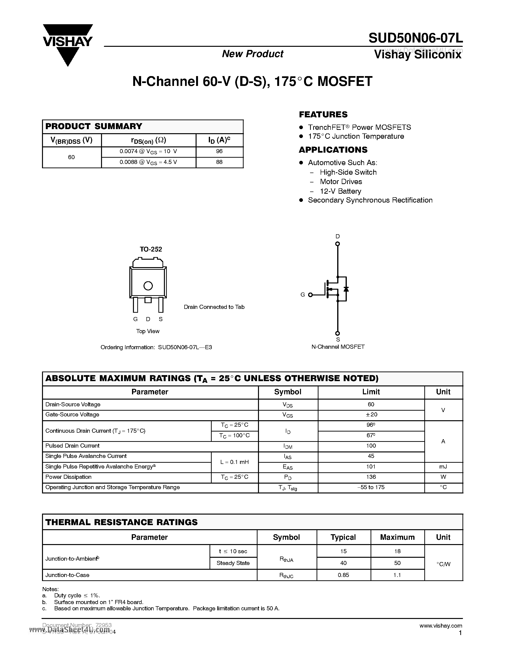 Даташит SUD50N06-07L - N-Channel 60-V (D-S) 175 C MOSFET страница 1