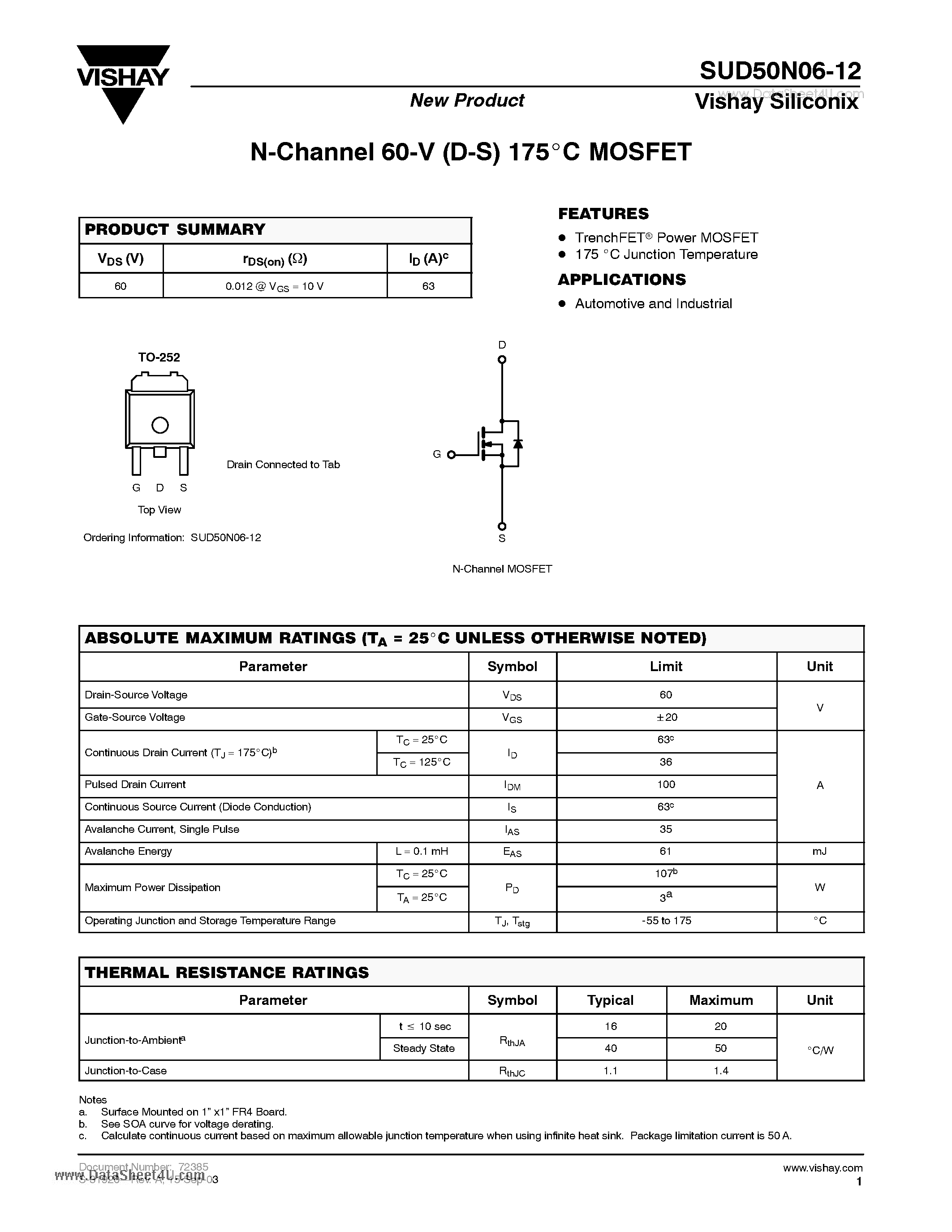 Даташит SUD50N06-12 - N-Channel 60-V (D-S) 175 C MOSFET страница 1